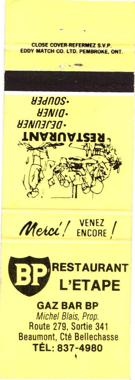 BP Restaurant L'Etape Beaumont Quebec Canada Vintage Matchbook Cover 1970s