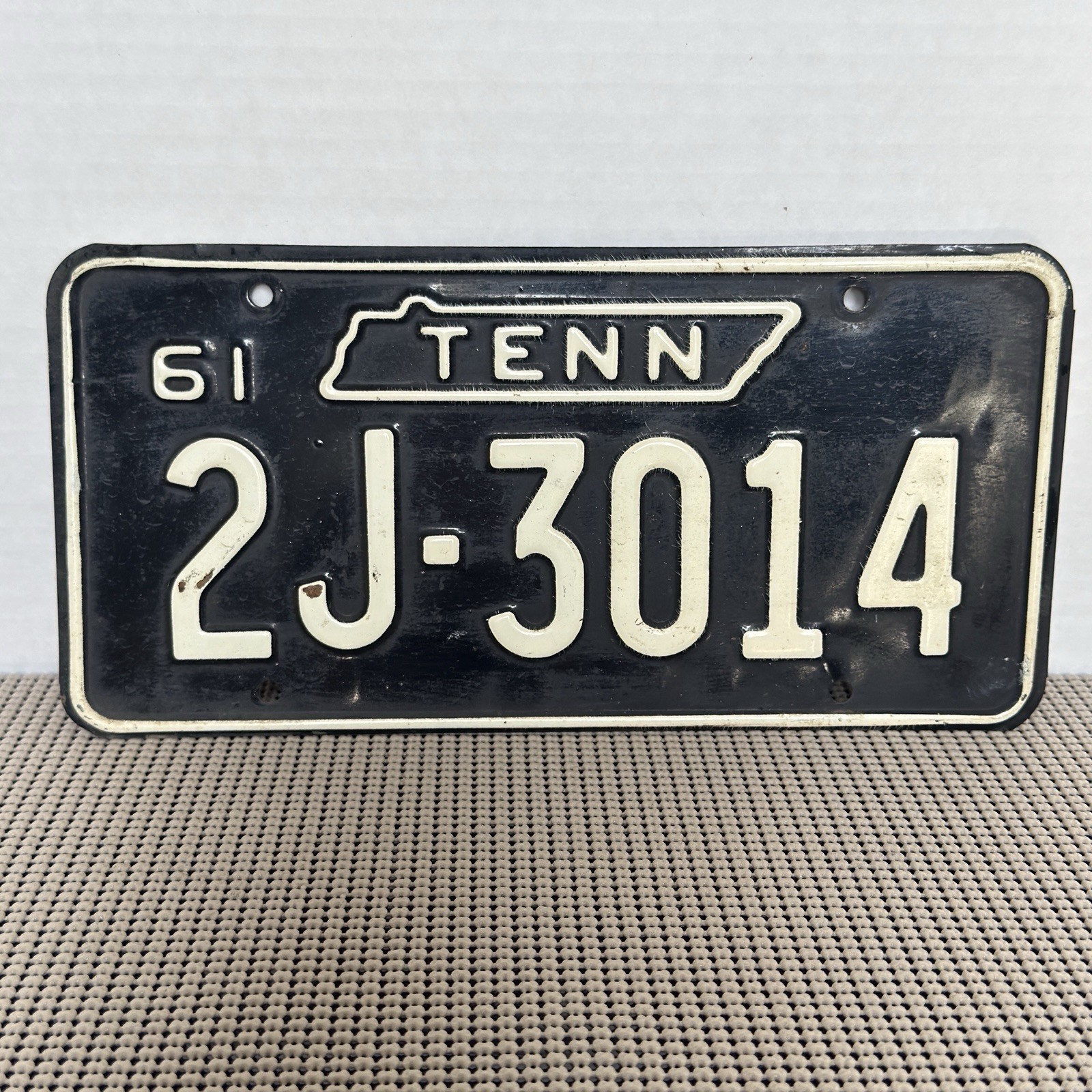 1961 Tennessee Original License Plate 2J-3014 Black White Embossed Vintage Tag