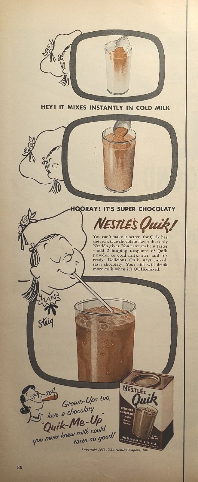 Nestlé\'s Quik Mix Cold Chocolate Milk William Steig Art Vintage Print Ad 1953