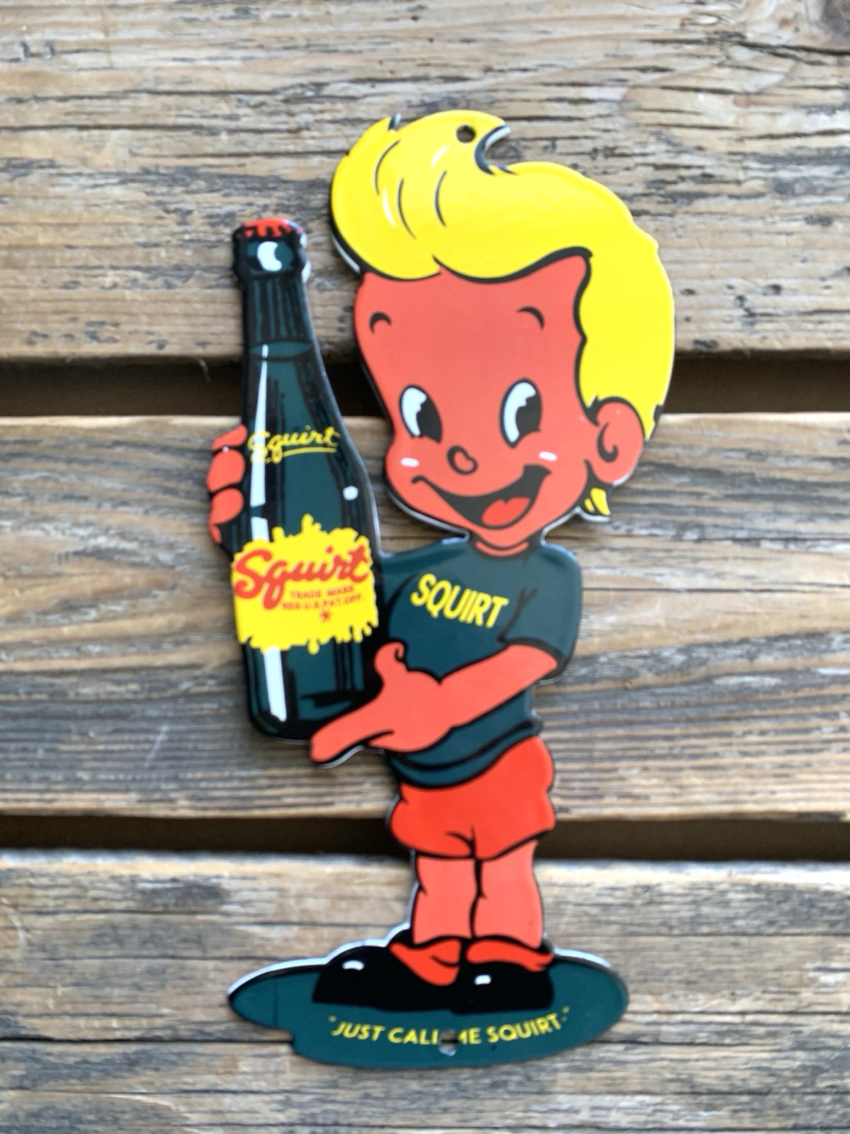 VINTAGE SQUIRT BOY with BOTTLE OIL GAS PUMP SODA POP 7UP COKE PORCELAIN SIGN