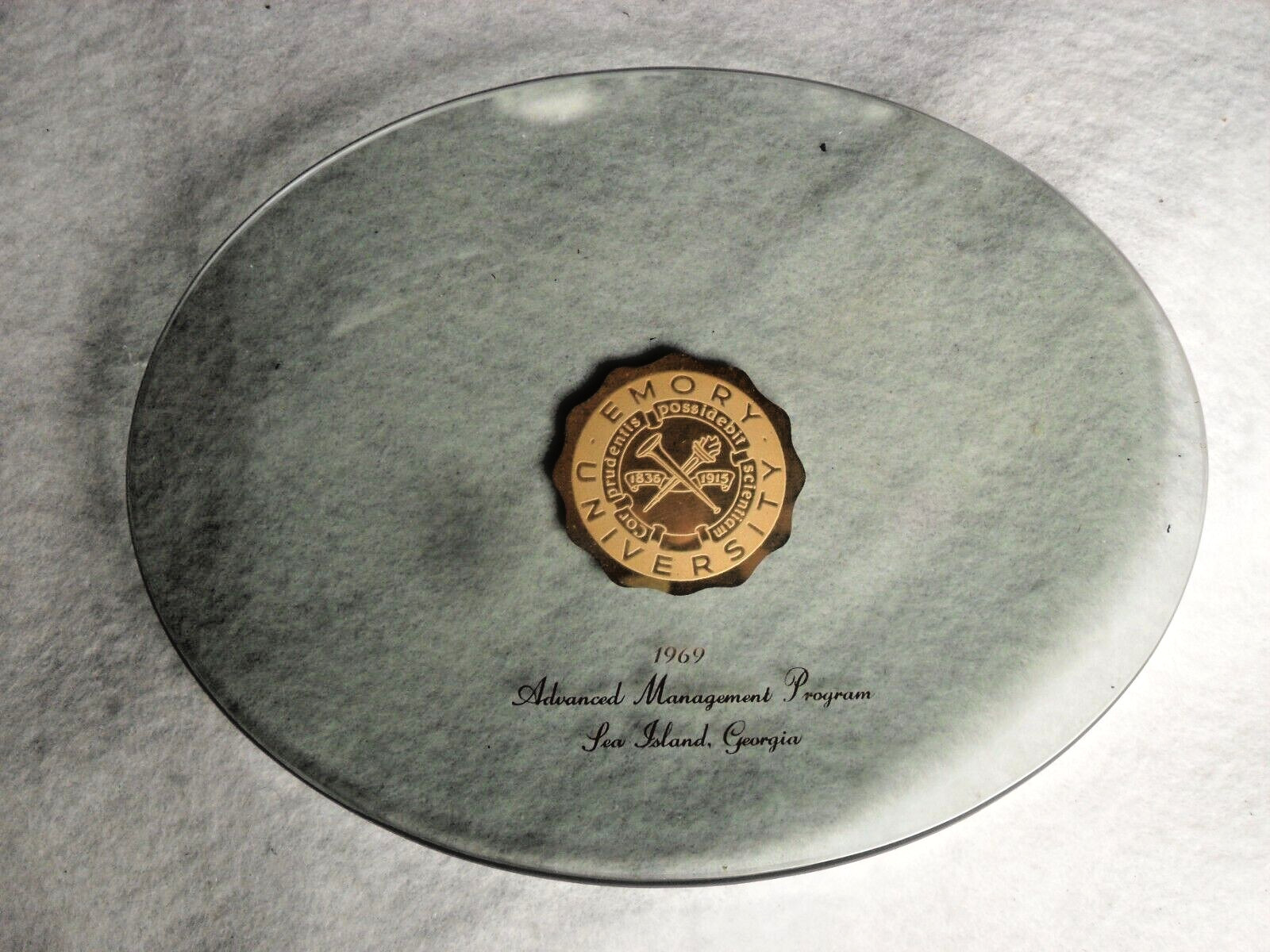 Emory University 1969 Swedish Glass Oval Tray But NEW Salesman Sample