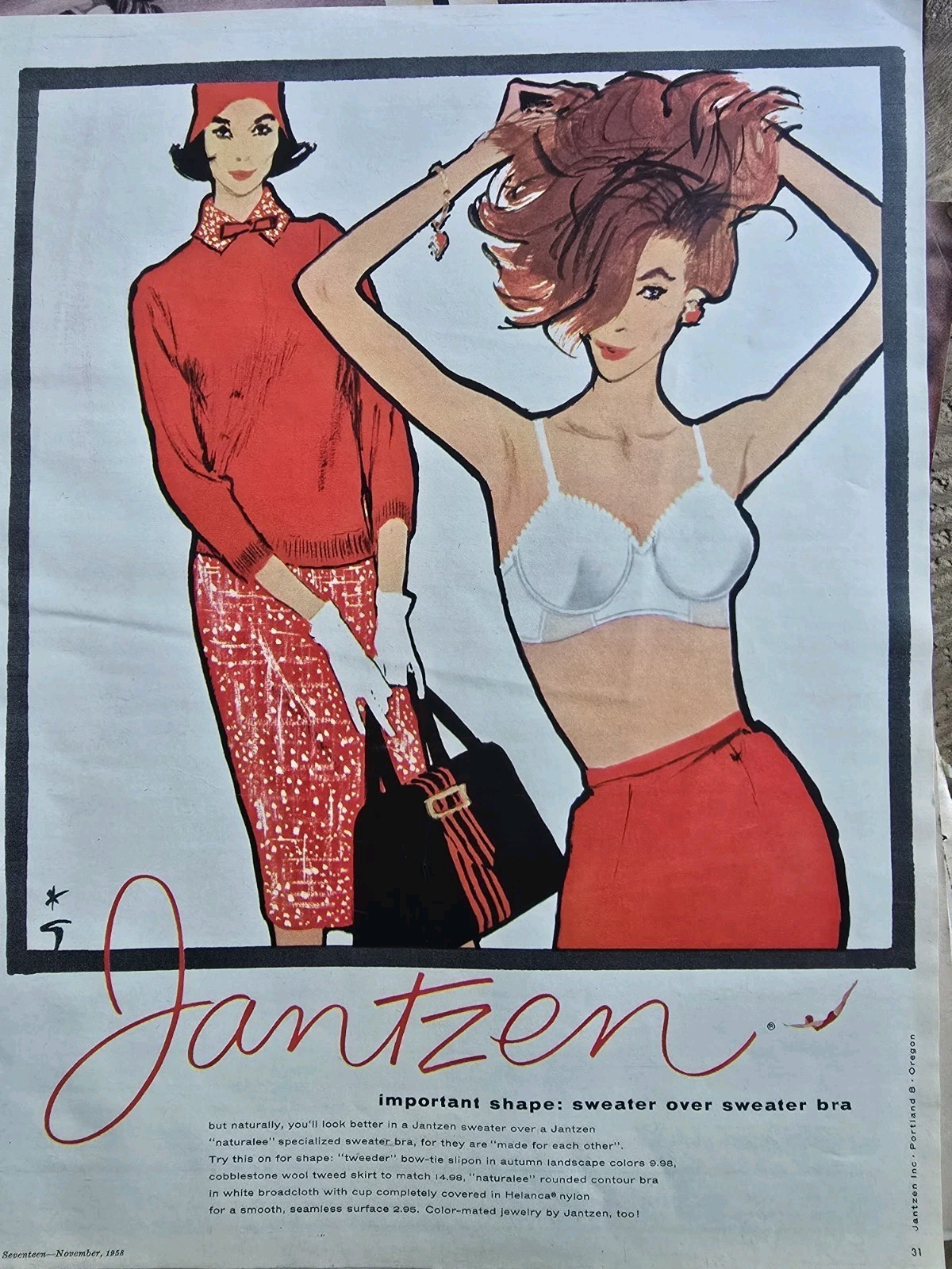 1958 Women's Jantzen Sweater Bra Rene Gruau Fashion Art Vintage Ad 