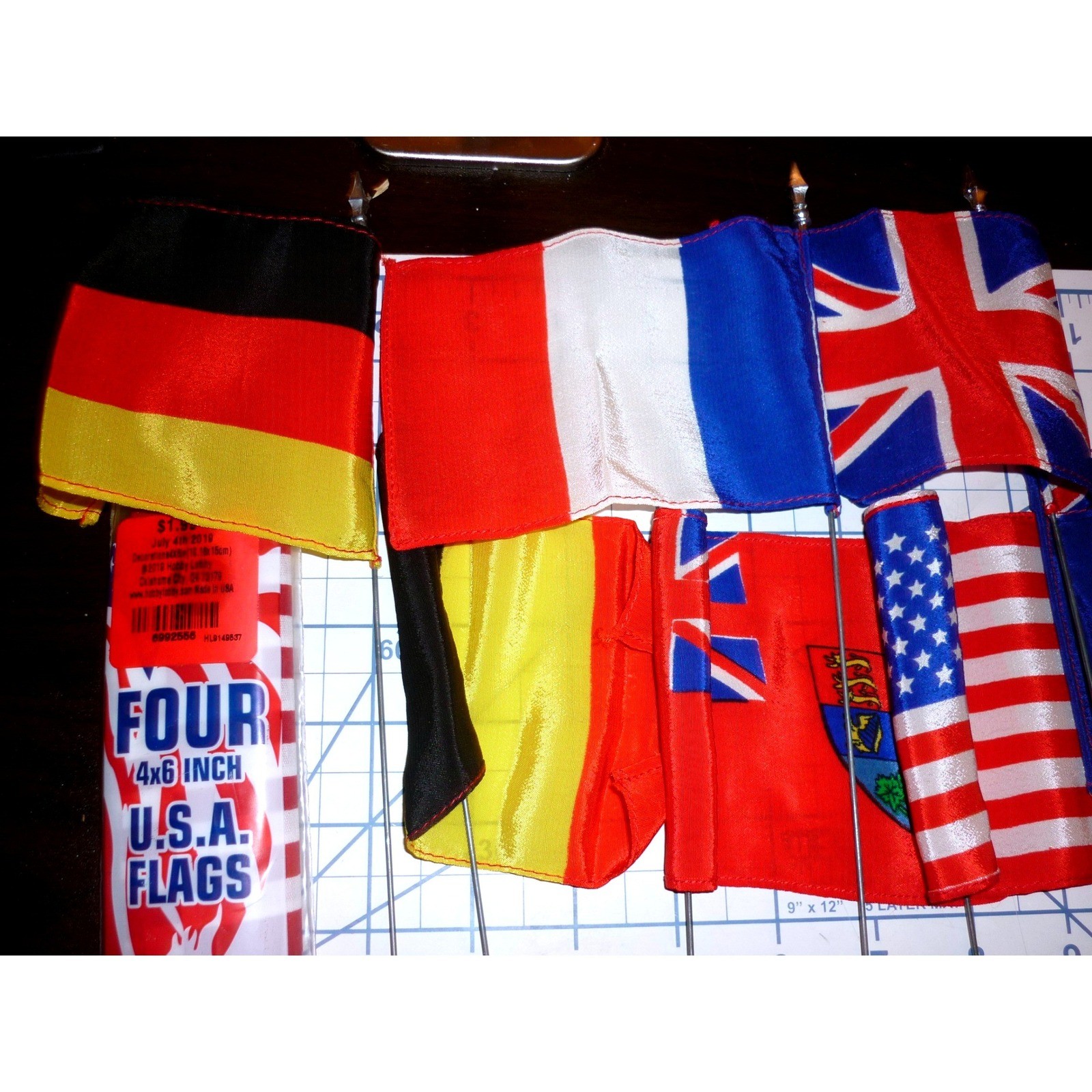 Vintage Miniature World Desk Flags Lot 7pc Silk Blend Metal Staffs USA UK France