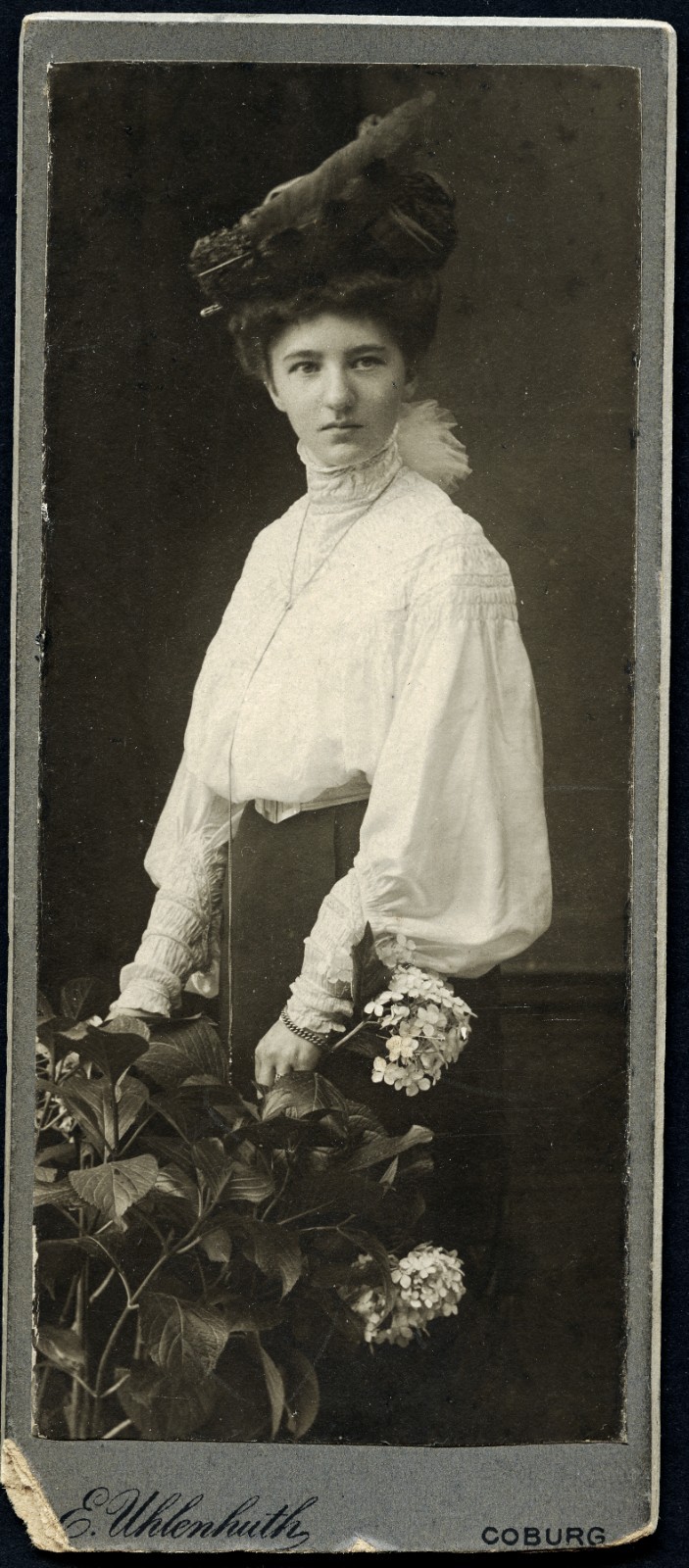 pretty woman in strange hat, by Eduard Uhlenhuth, COBURG, small size antique Cab