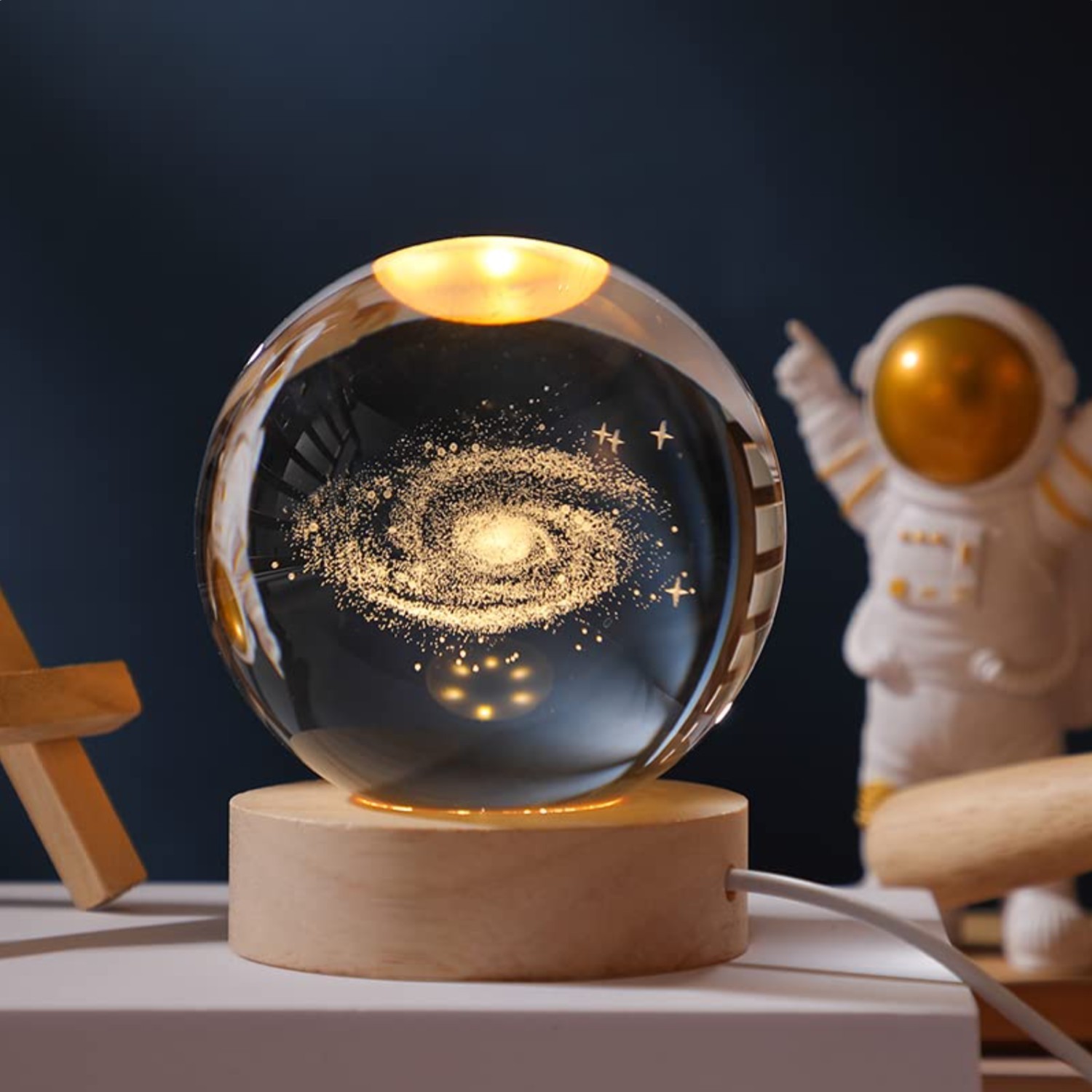 3D Galaxy Crystal Ball 2.4 in Laser Engraved LED Wood Base Astronomy Decor