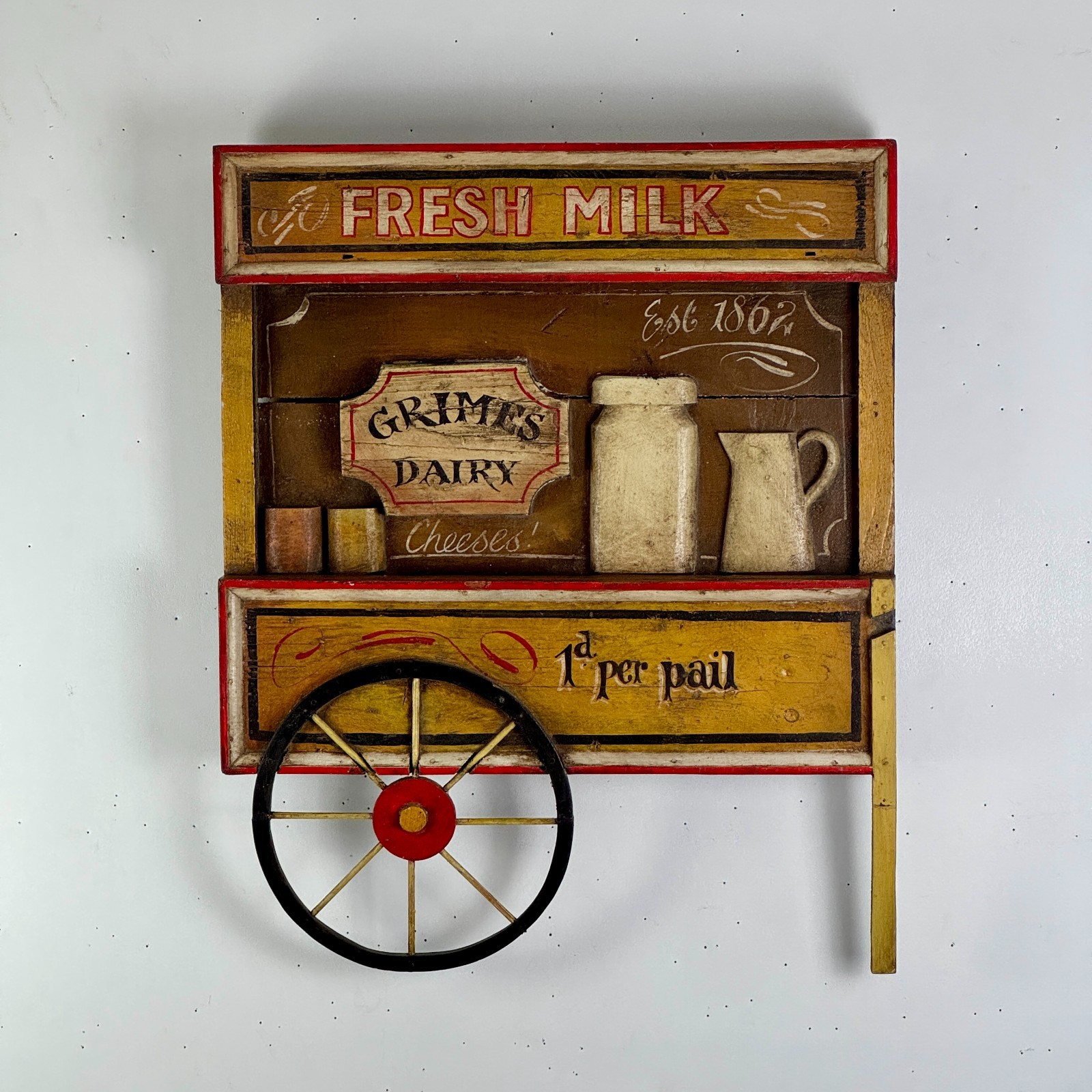 Vintage Large Elaborate Wooden Trade Sign For Grimes Dairy In Form Of Wagon Cart