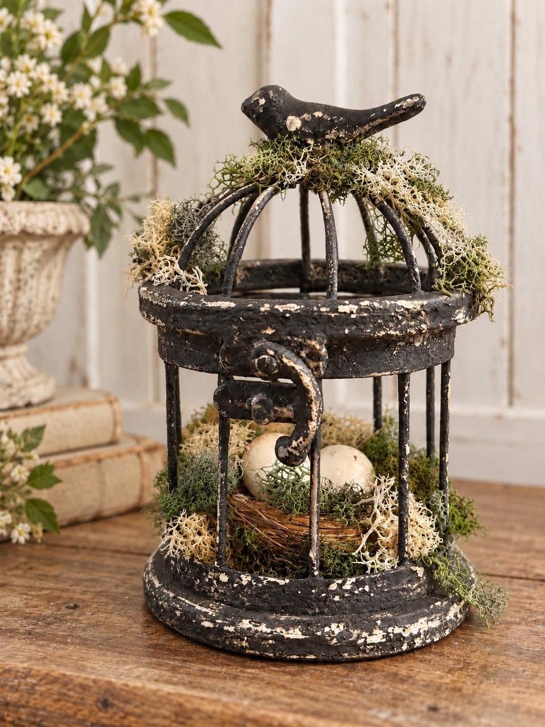 Black Shabby Chic Metal Birdcage VTG Style Iron Mossy Birdhouse Shelf Sitter 6”