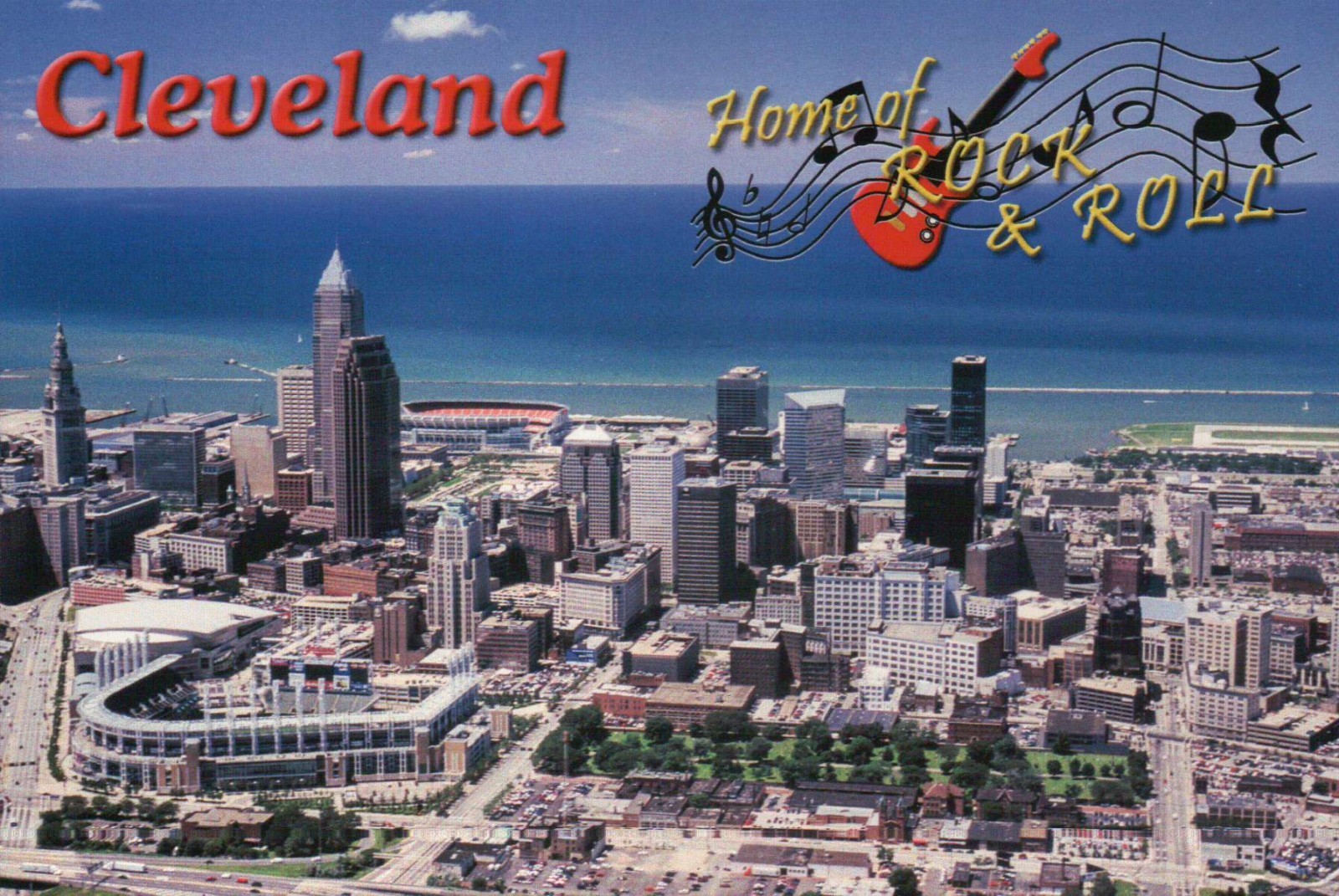 Aerial View of Cleveland Ohio Home of Rock & Roll, Downtown, Stadium -- Postcard