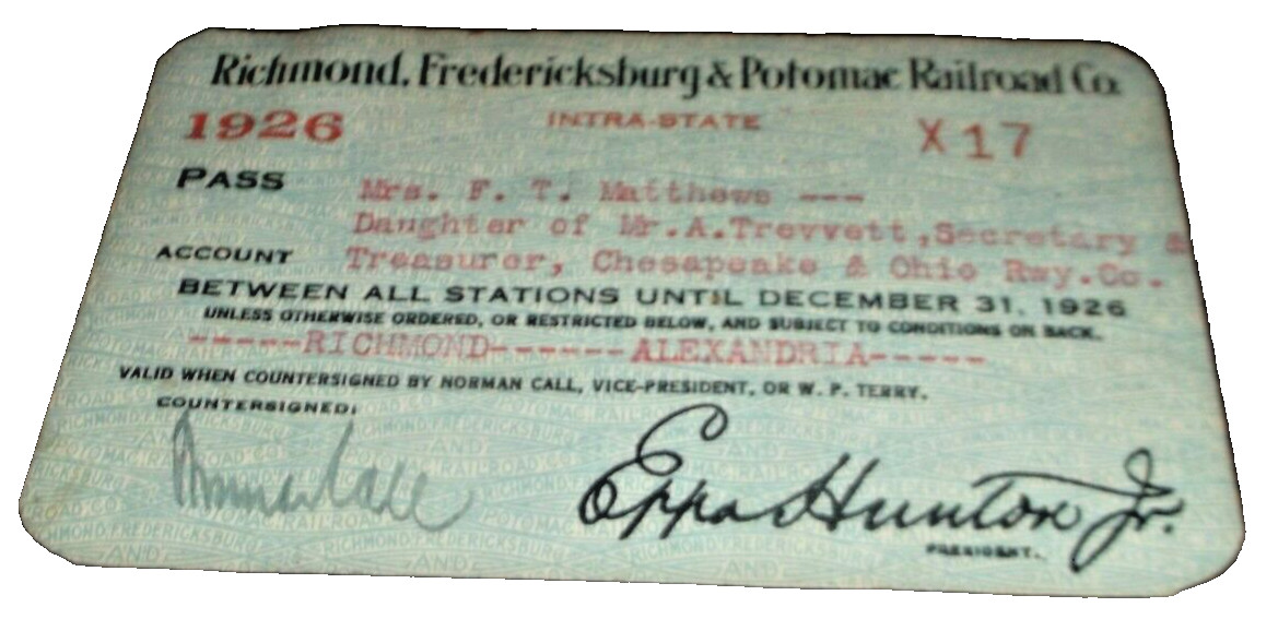 1926 RF&P RICHMOND FREDERICKSBURG & POTOMAC EMPLOYEE PASS #X17
