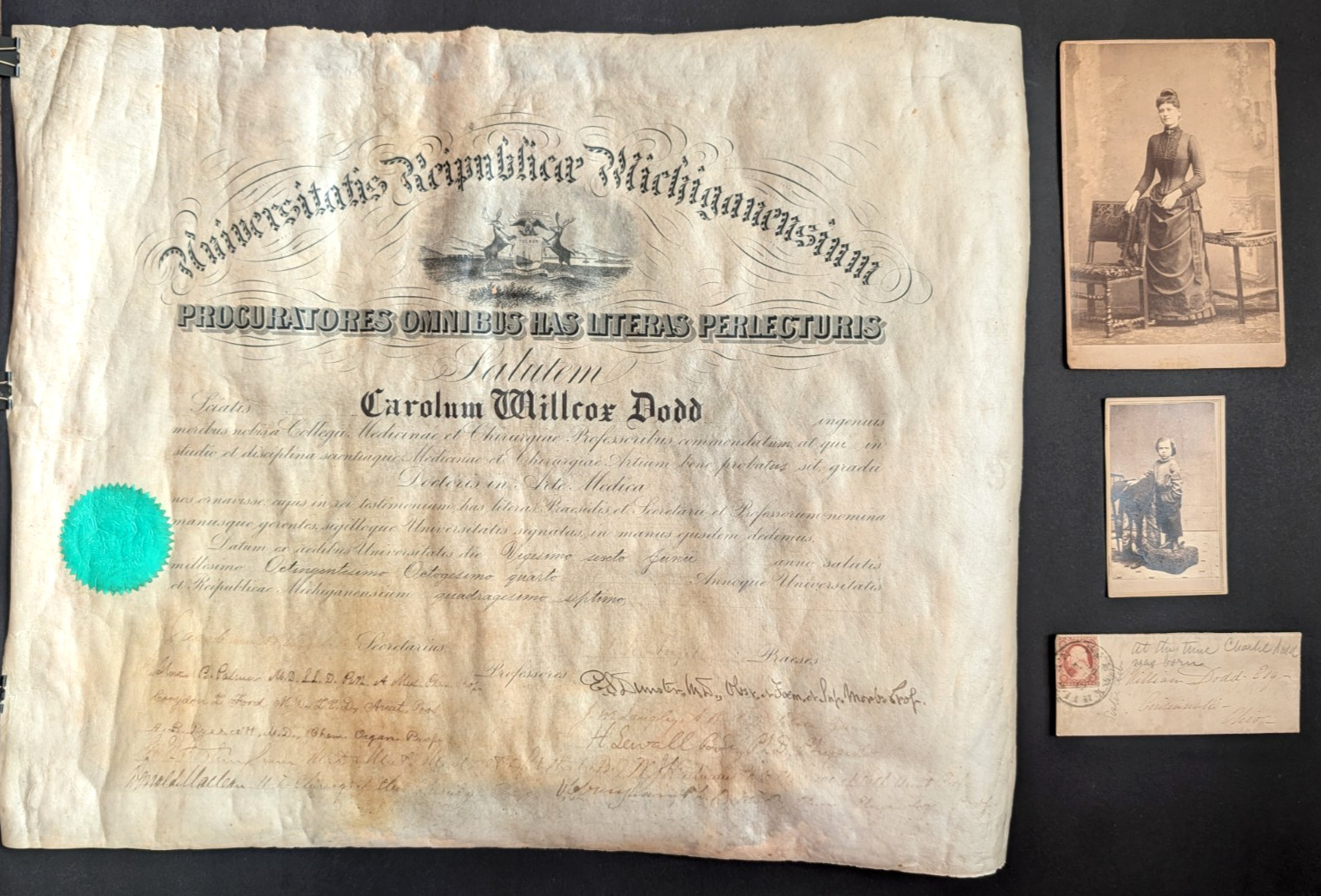 Vtg 1884 University of Michigan Medical Diploma for Charles Dodd, photos, letter