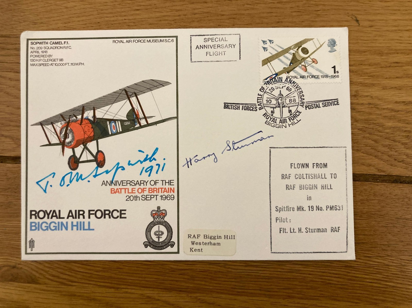 WW2 RARE Variety flown RAF Biggin Hill signed Tom Sopwith, Flt Lt H Sturman SC6 WW2 RARE Variety flown RAF Biggin Hill signed Tom Sopwith, Flt Lt H Sturman SC6