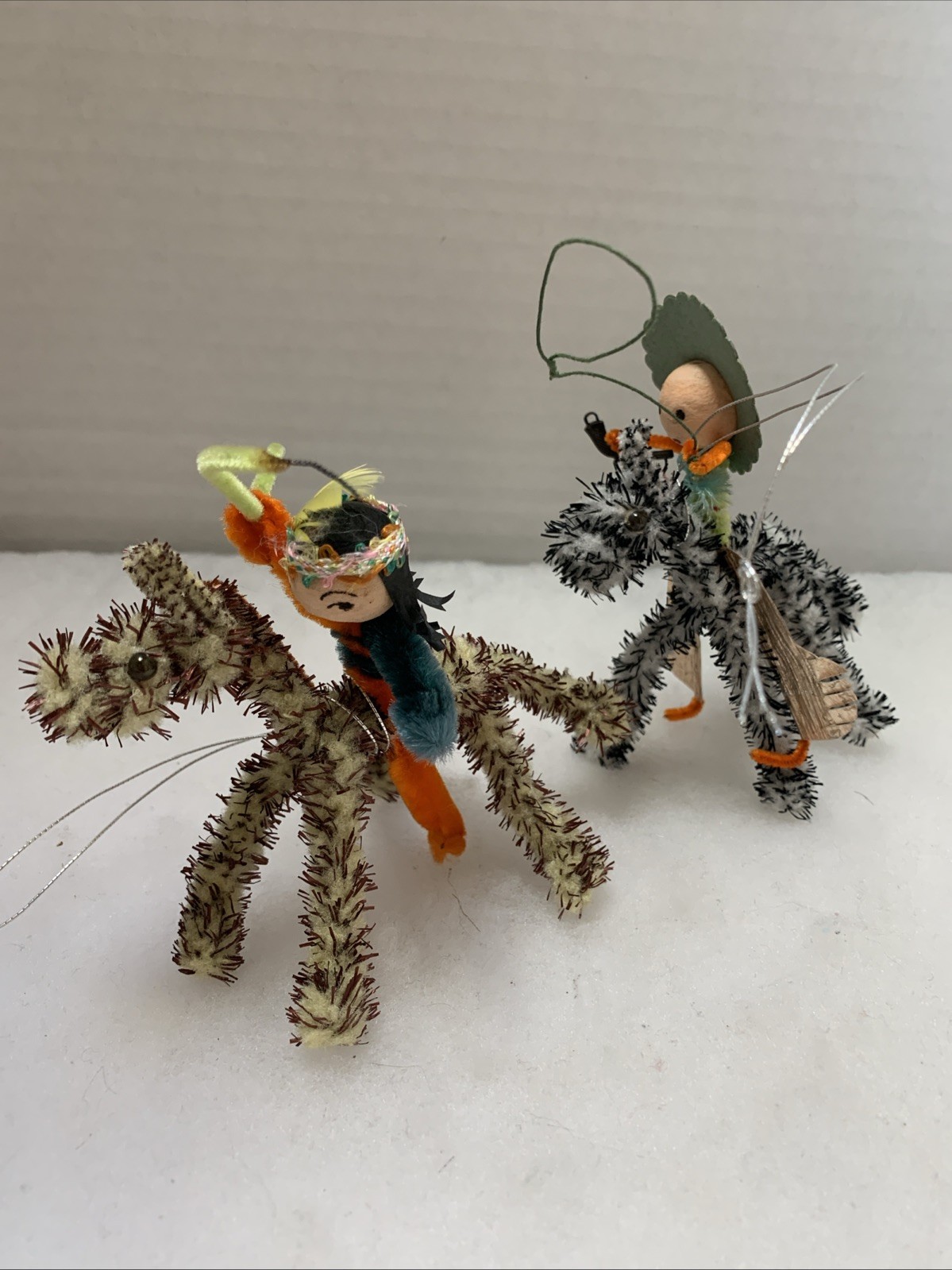 VERY RARE 1950s Handmade Chenille Pipe Cleaner Cowboy & Indian Ornament Set VERY RARE 1950s Handmade Chenille Pipe Cleaner Cowboy & Indian Ornament Set