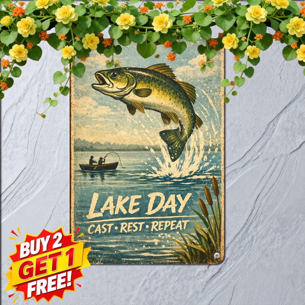 Gone Fishing Angler Bait Reel Lakehouse Cabin Poster Metal Tin Sign Plaque