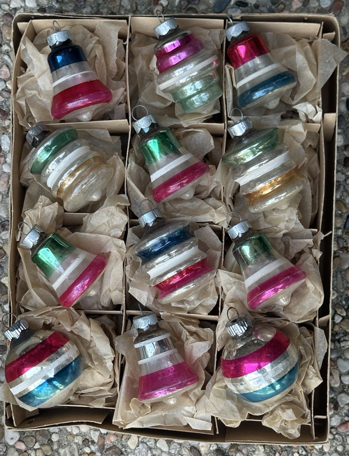 VTG Franke Made In USA Bell Lantern Tornado Stripe Glass Ornaments 
