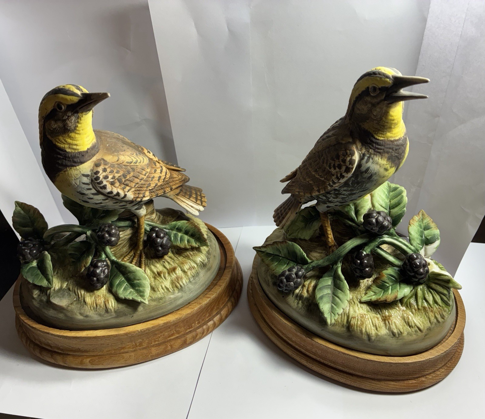 Vintage Pair Andrea by Sadek Meadowlark Figurines Porcelain Birds Wooden Base