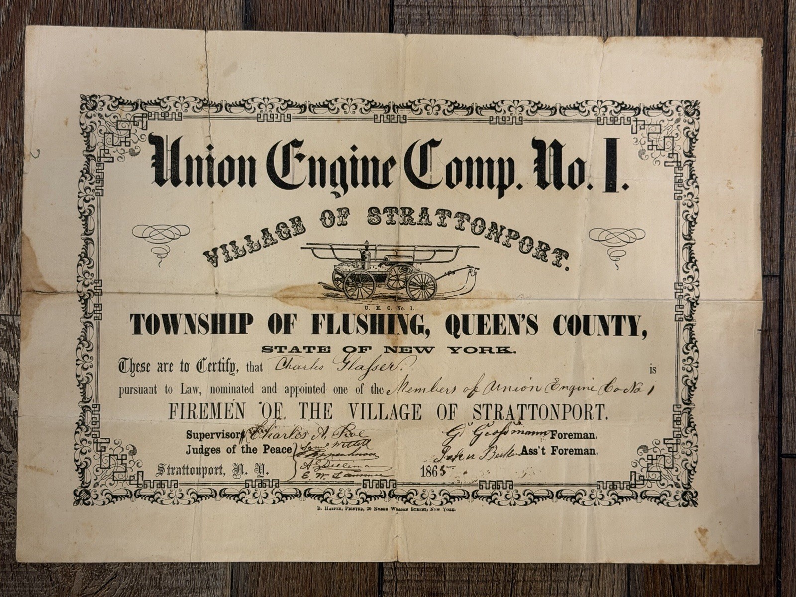 1865 Queens New York Fire Department Engine 1 Document NYFD Civil War Antique