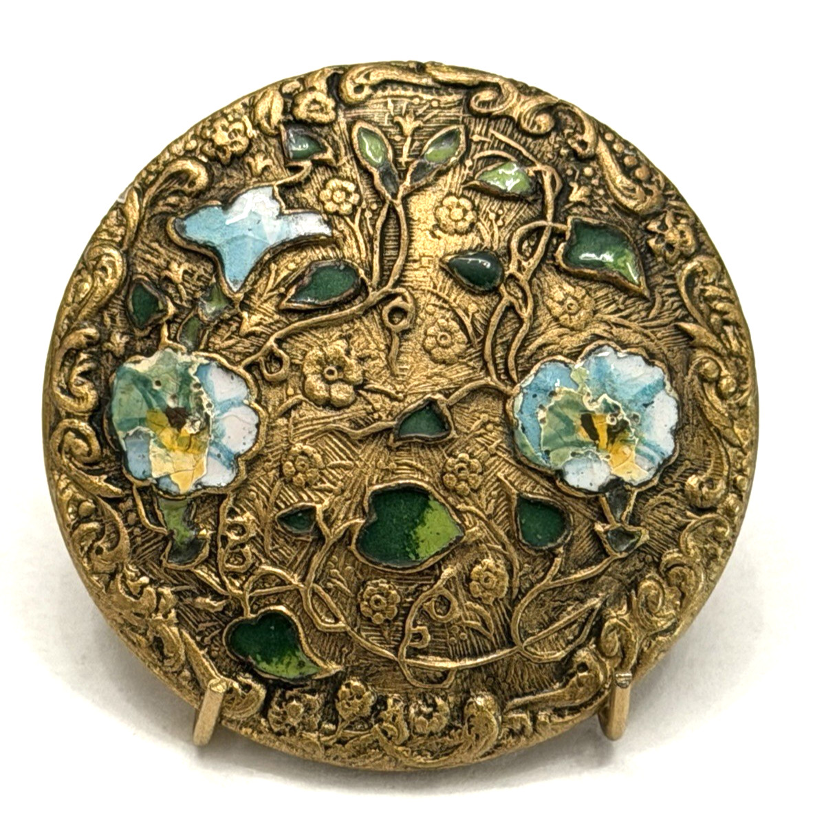 BEAUTIFUL Antique Vintage FLOWER/FLORAL & IVY Enamel Brass Button - 1-3/8