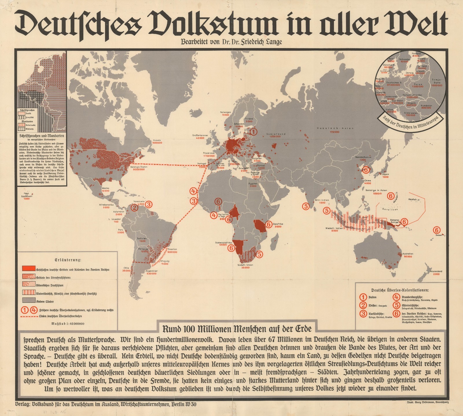 c. 1938 German Propaganda Map \'Deutsches Volkstum in aller Welt,\' World War II