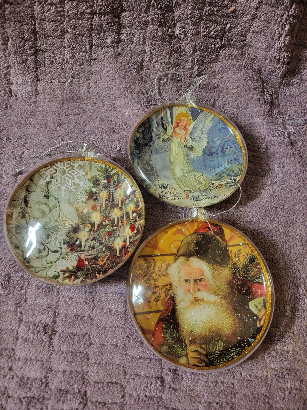 Vtg England Pic Disc Shaped 4in. Christmas Ornaments, Old Saint Nicholas glass