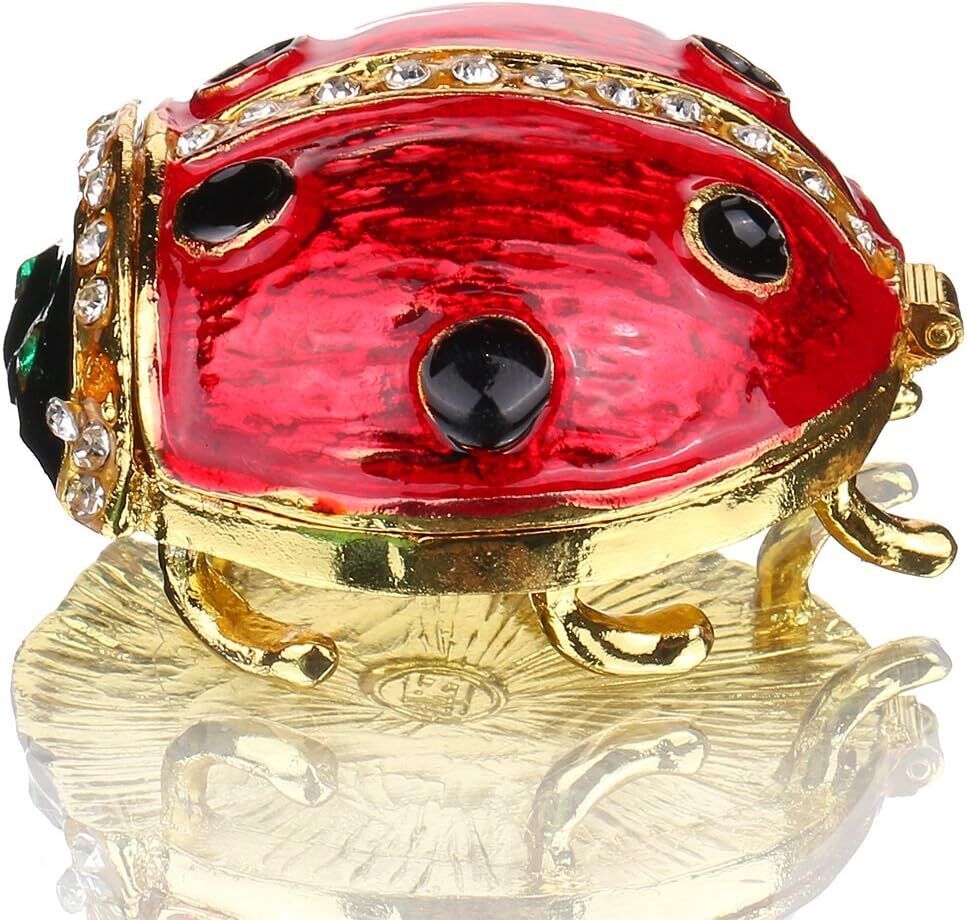 Bejeweled Enameled Animal Trinket Box/Figurine With Black Rhinestones- Ladybug