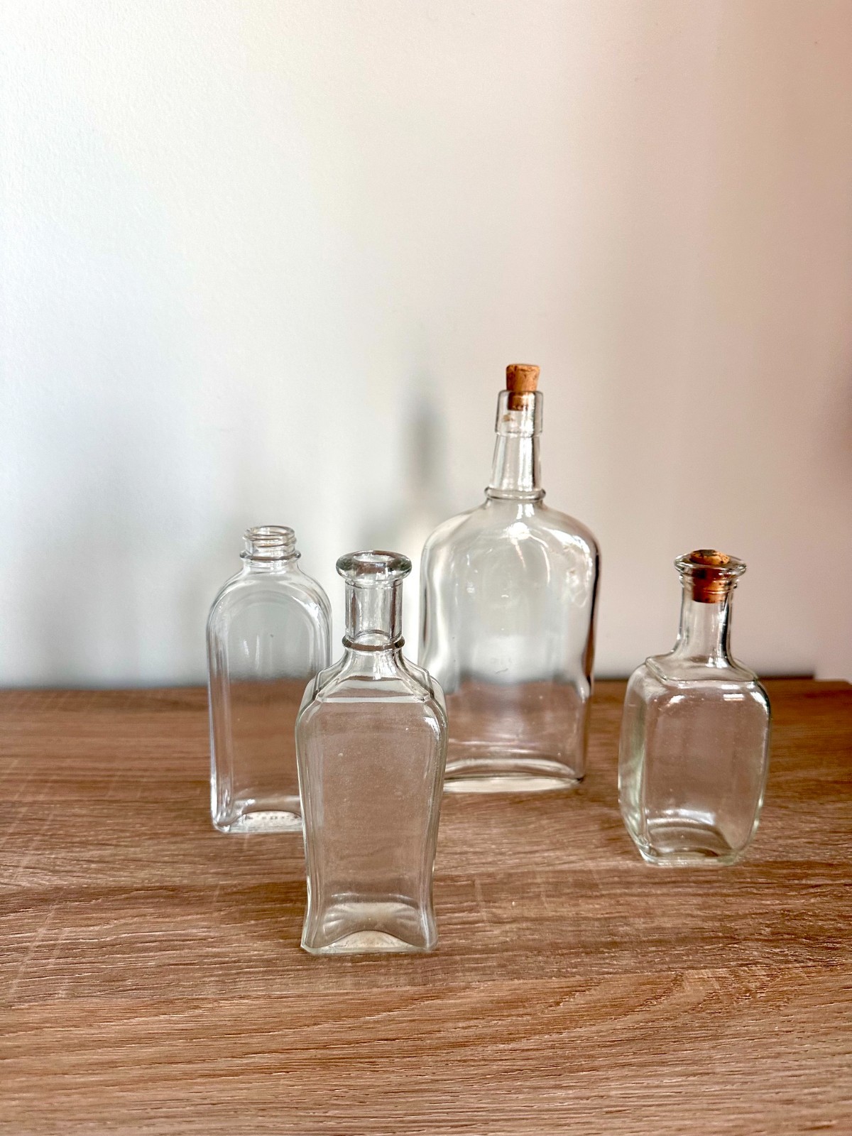 Vintage Clear Glass Bottles Set of 4 Apothecary Medicine Style Cork Bottles