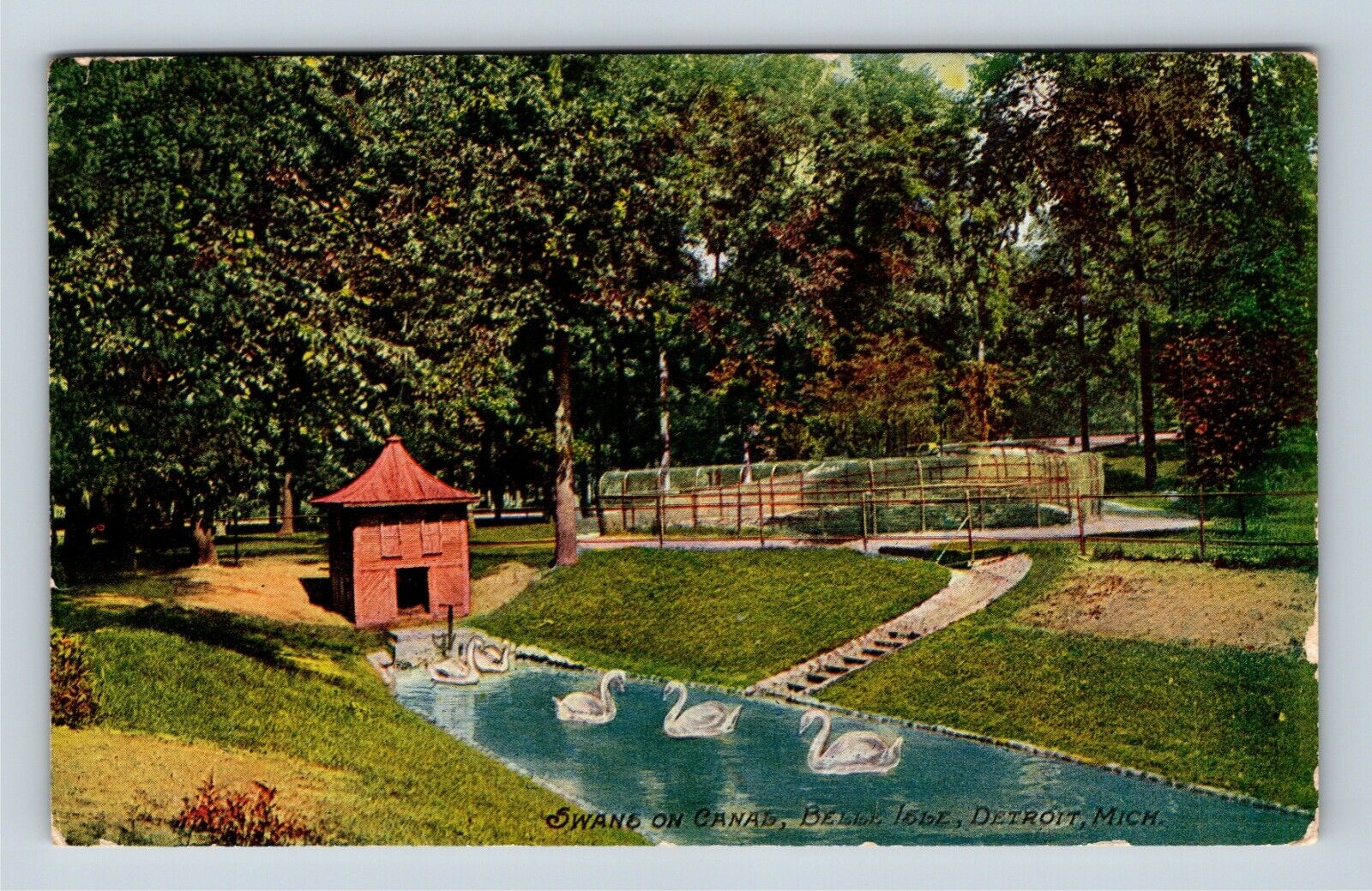 Detroit MI, Belle Isle, Swans On Canal, Michigan c1911 Vintage Postcard