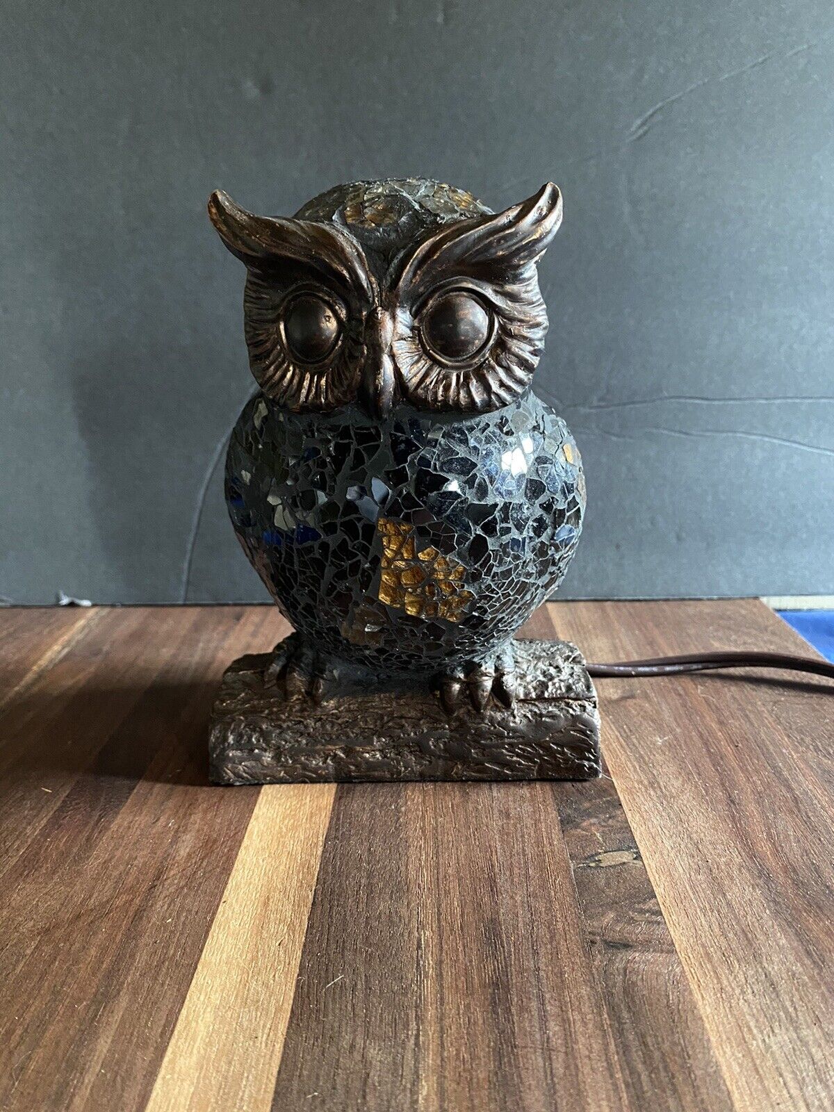 Tiffany Style Mosaic Stained Crackle Glass Owl Table Lamp Nightlight 6.5 Inch 