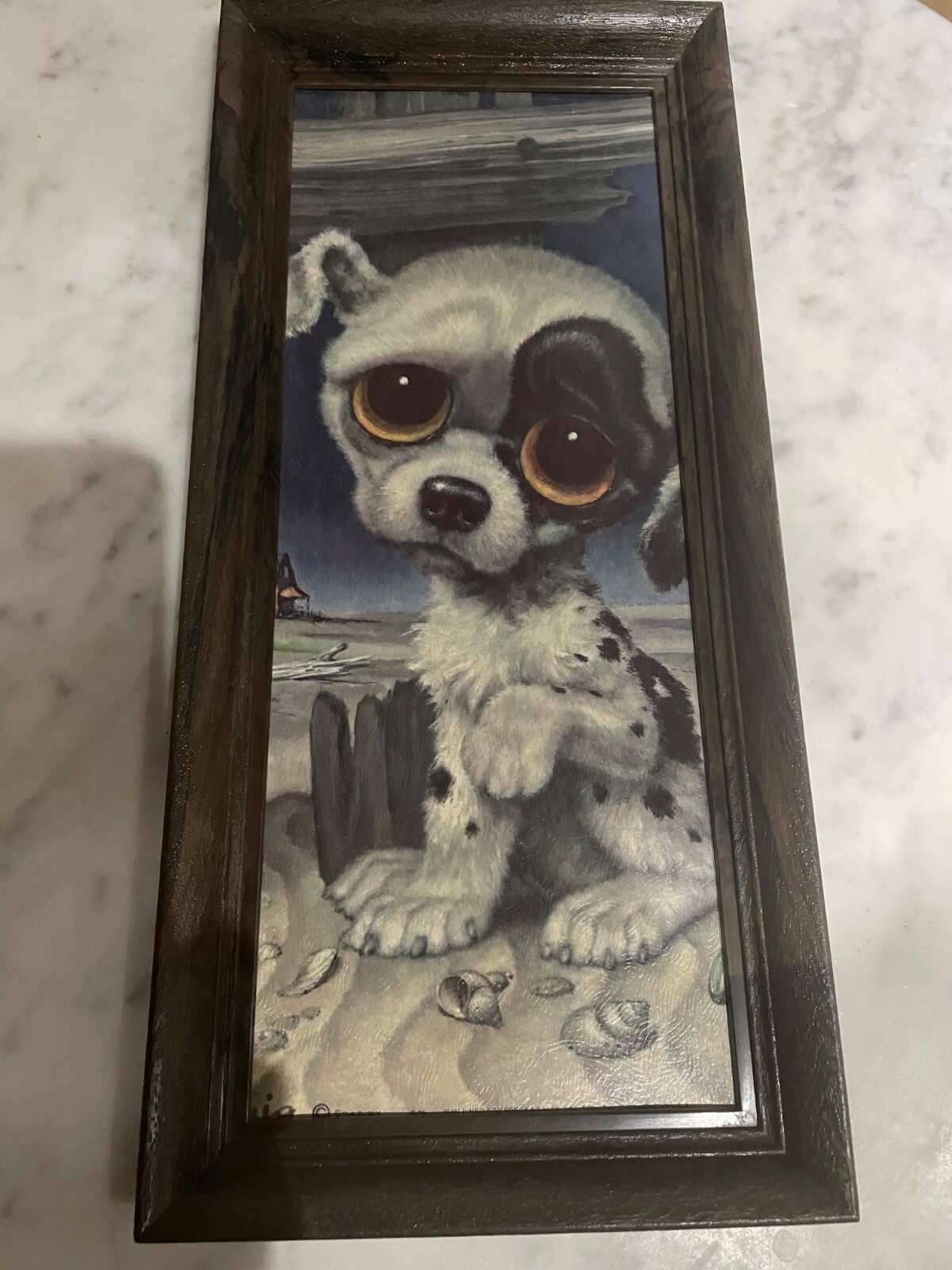Vtg 1960s GIG Girard Pity Puppy Big Sad Eye Dog Art Litho MCM Framed 17 “