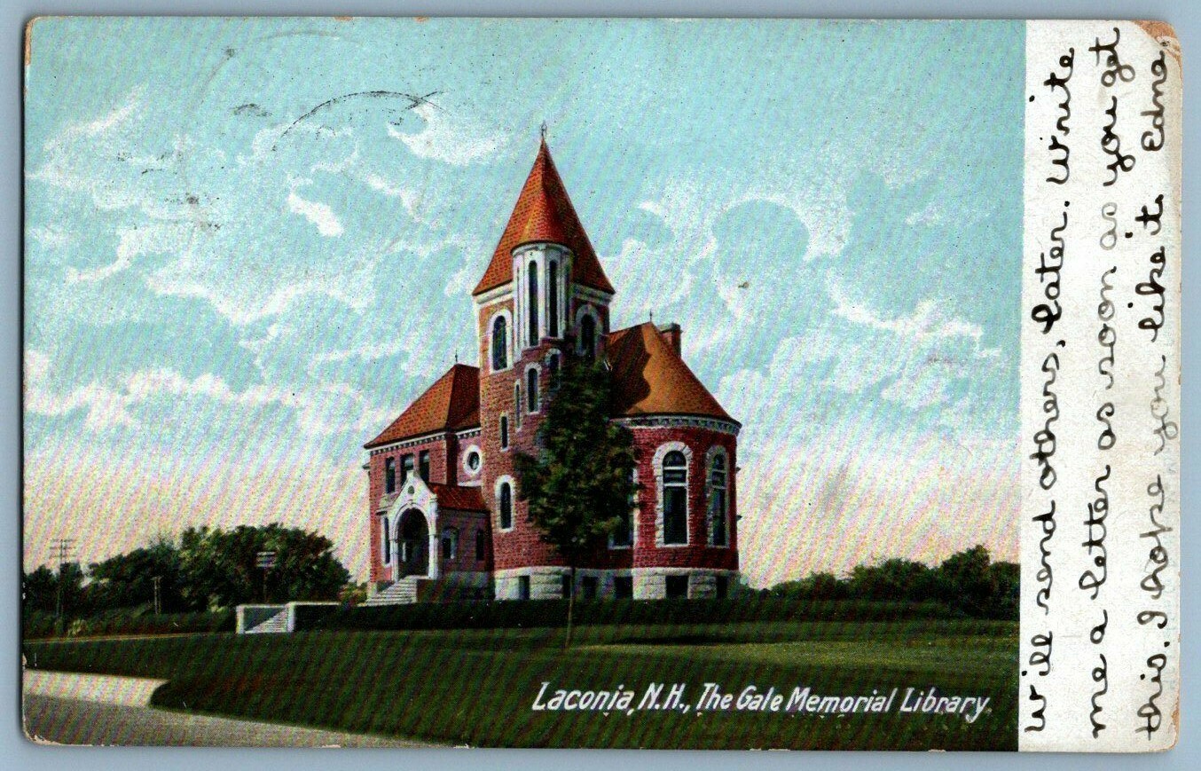 UDB Postcard~ Gale Memorial Library~ Laconia, NH~ 1905 Lakeport, NH Cancel