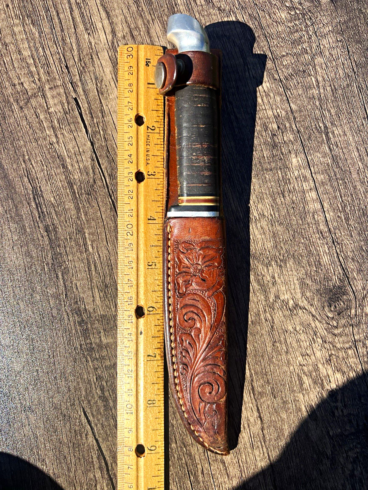Kinfolks Chrome Fixed Blade Knife w/ Brown Leather Tool Sheath excellent 