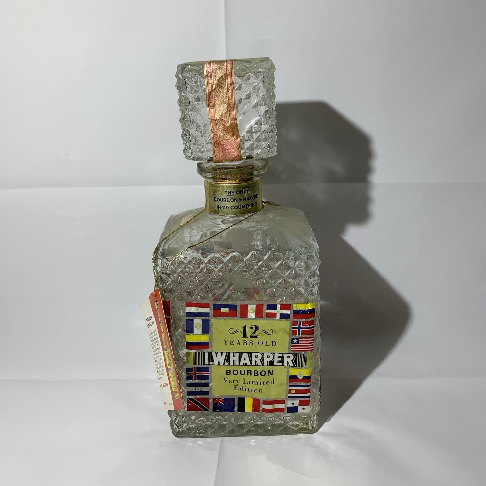 Vintage 1966 IW Harper 12 Year Bourbon Decanter Bottle International Flags Tags