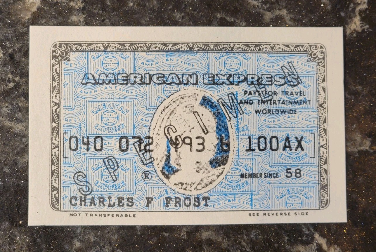 Vintage American Express Specimen Card Charles F. Frost Member Since 1958 Blue 