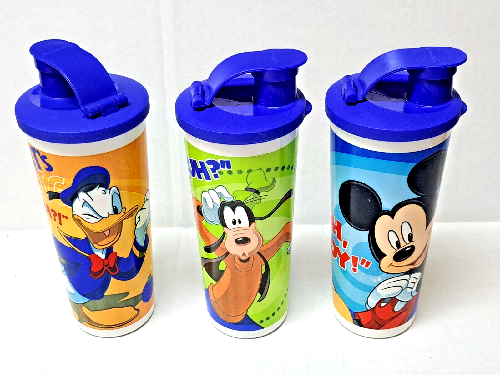 Set of 3 Disney Tupperware 16 oz cups with lids Mickey Mouse, Donald Duck, Goofy