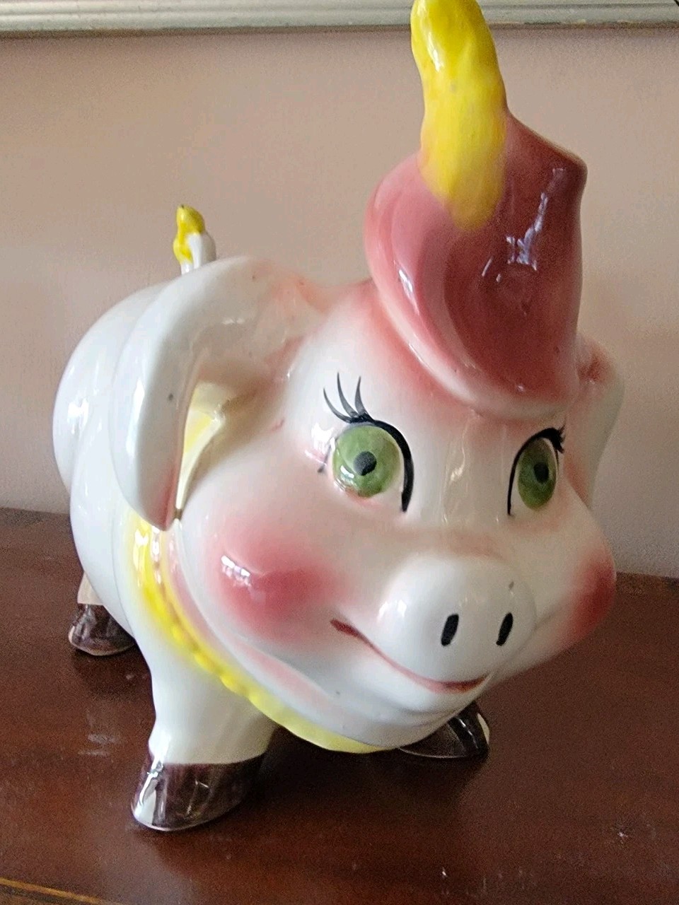 Ceramic Pig Piggy Bank Figurine White Pink & Yellow Hat Green Eyes Stopper