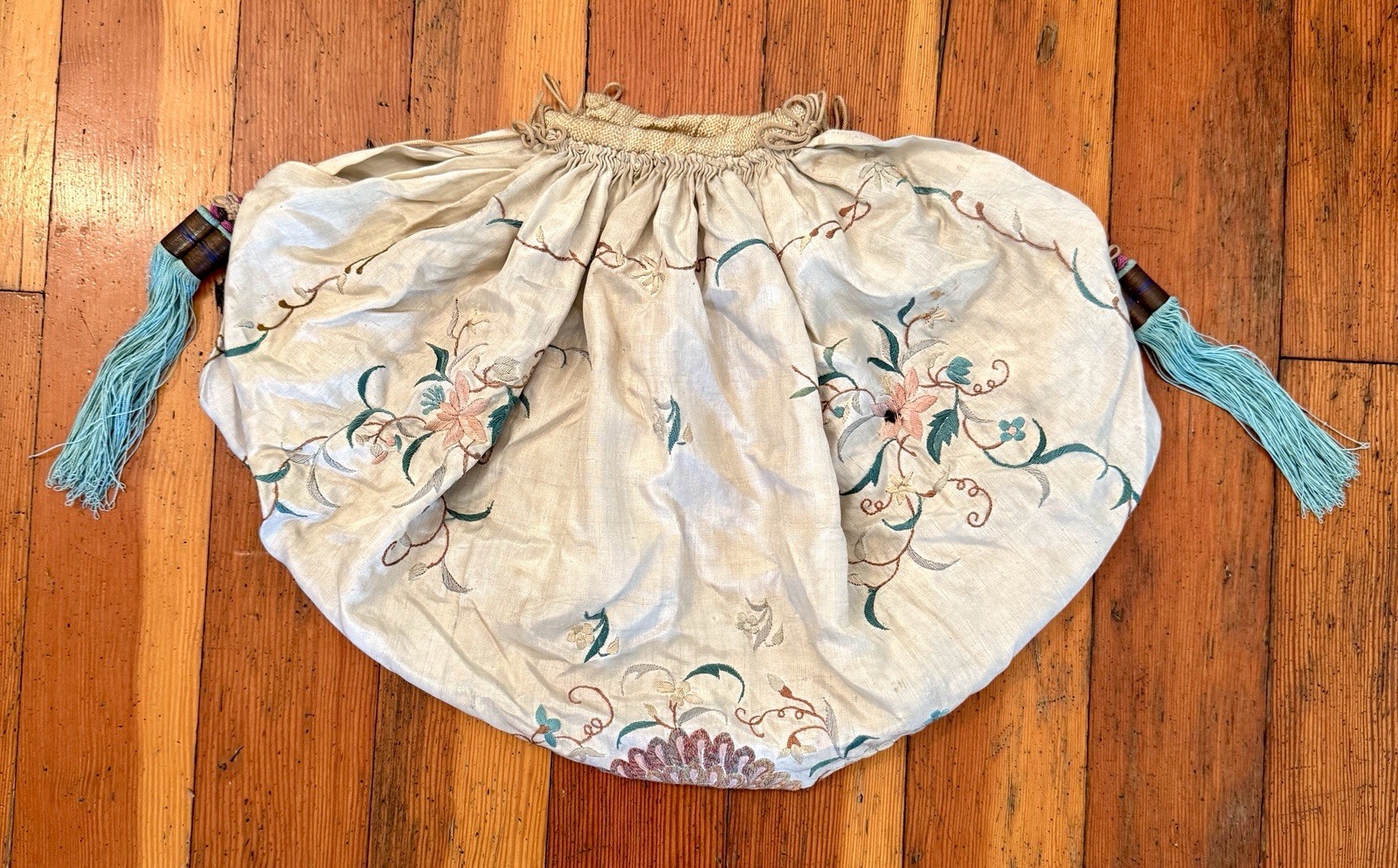 Vtg Antique CHINESE UNKNOWN Embroidery SILK Peacock FLOWERS Tassels Gathered BAG