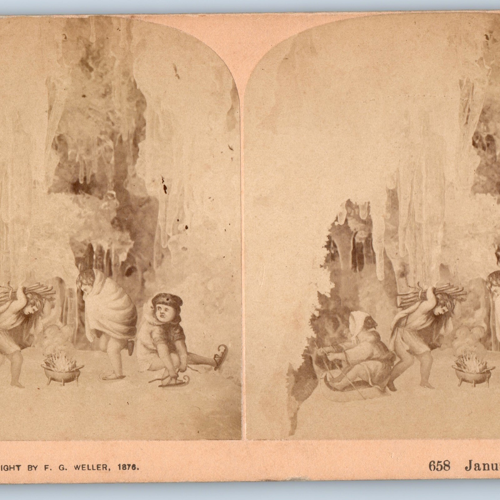 1876 F.G Weller January Winter Fantasy Art Stereoview Real Photo Allegorical V28