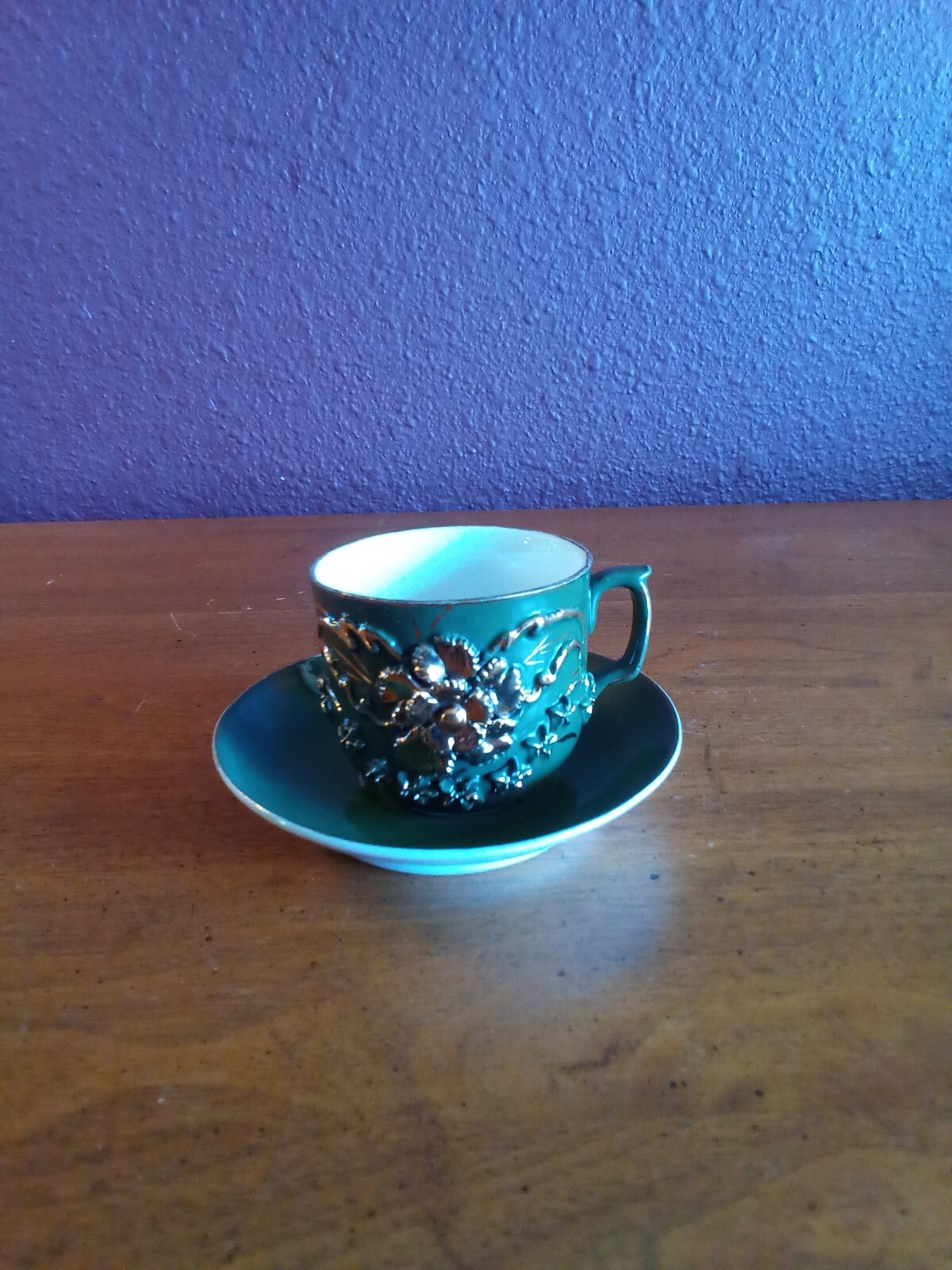 Vintage MV CO Handpainted Green and Gold Tea Cup & Saucer Made in Germany #110