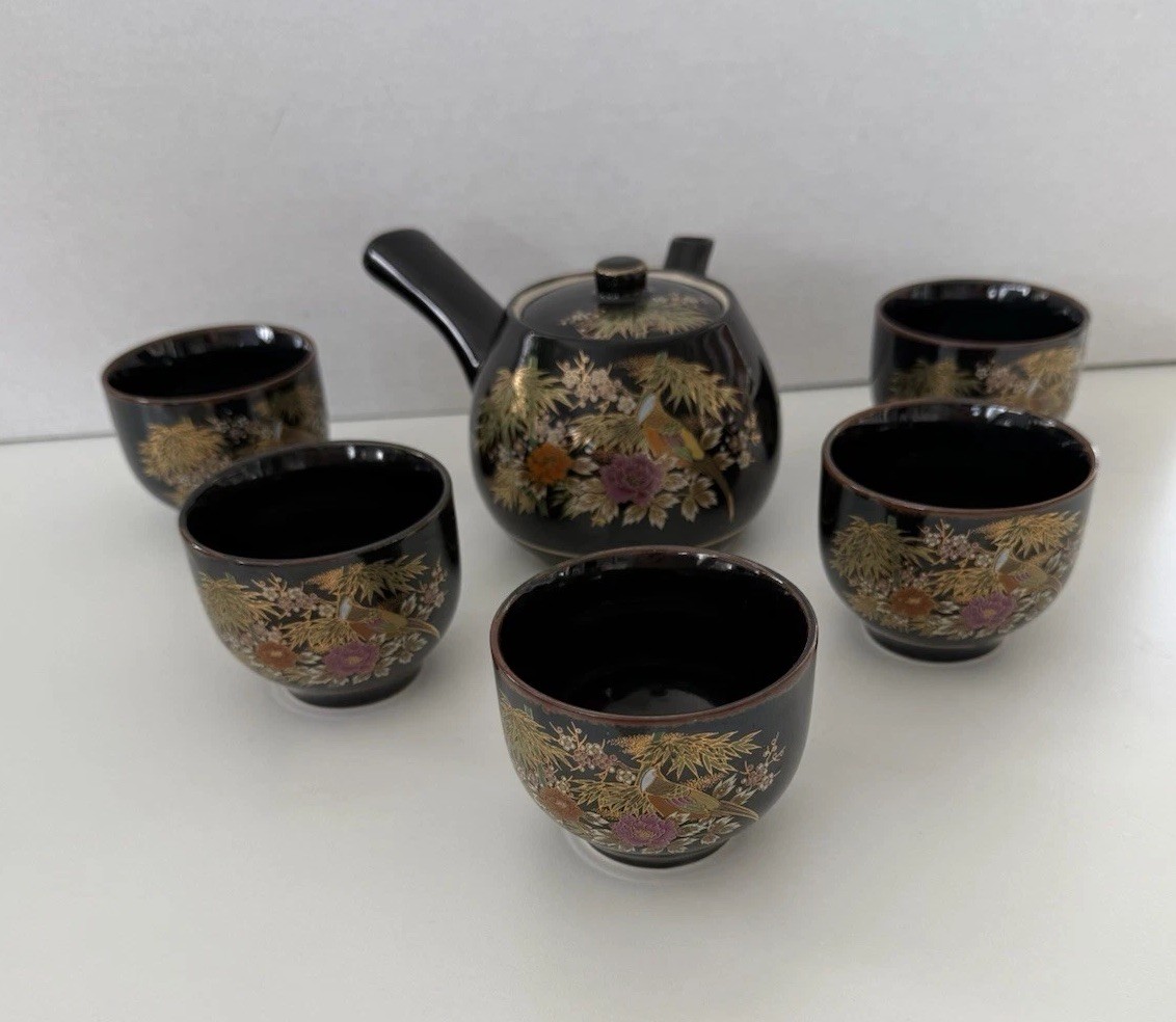 Vintage Japanese Black Porcelain Tea Set Peacock Peony Gold Gilt Kyusu 6-Piece