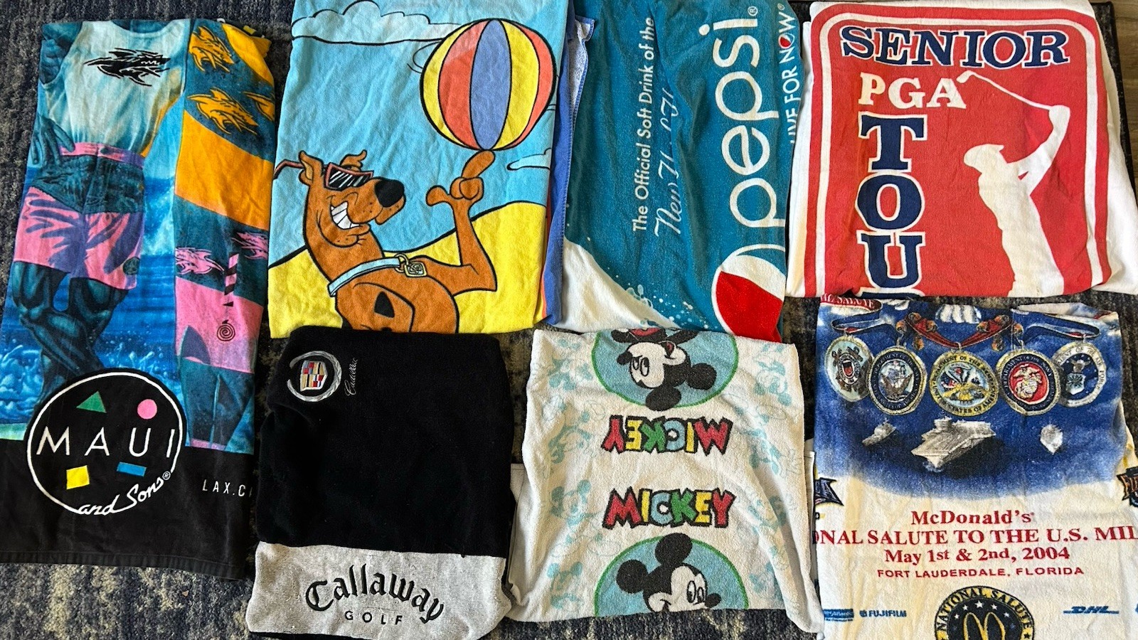 Lot Of 7 Vintage Reseller 90s Y2k Beach Towel Bundle Disney PGA Scooby-Doo Pepsi