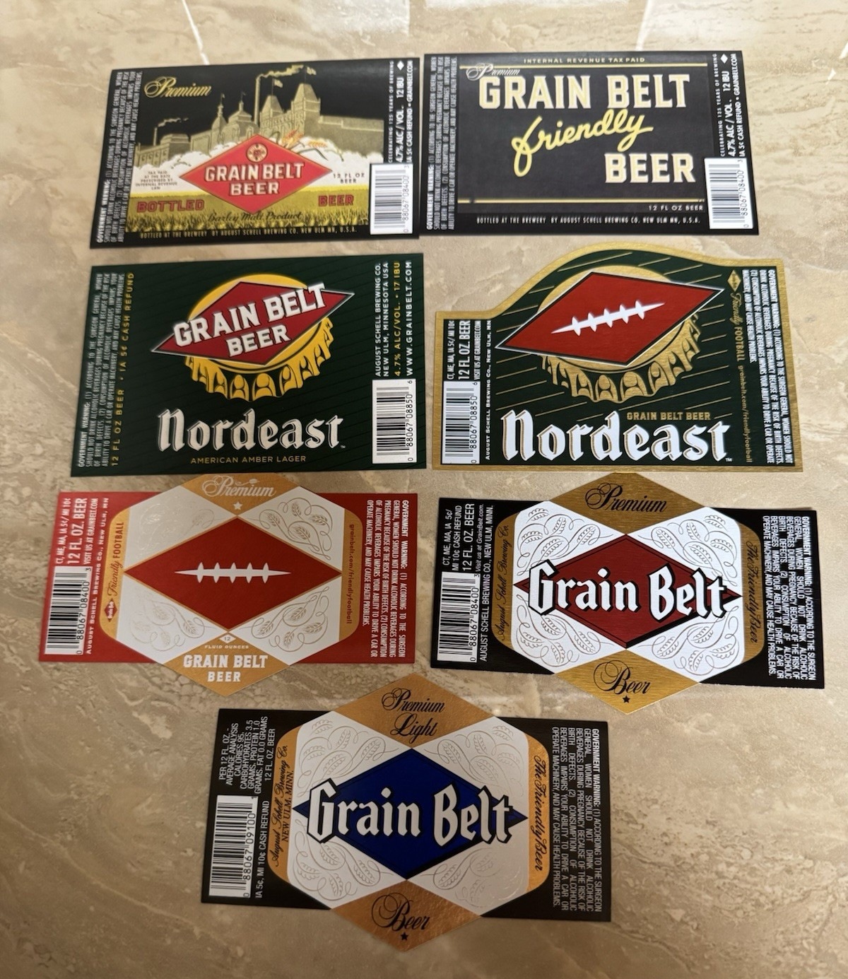 7 Different  August Schell Brewing Grain Belt Beer Labels New Ulm, Minnesota