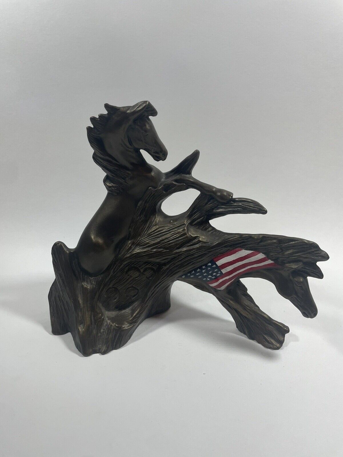 Two Horse Sulpture Ameican Flag Bronze Brown Color Unmarked  9x11