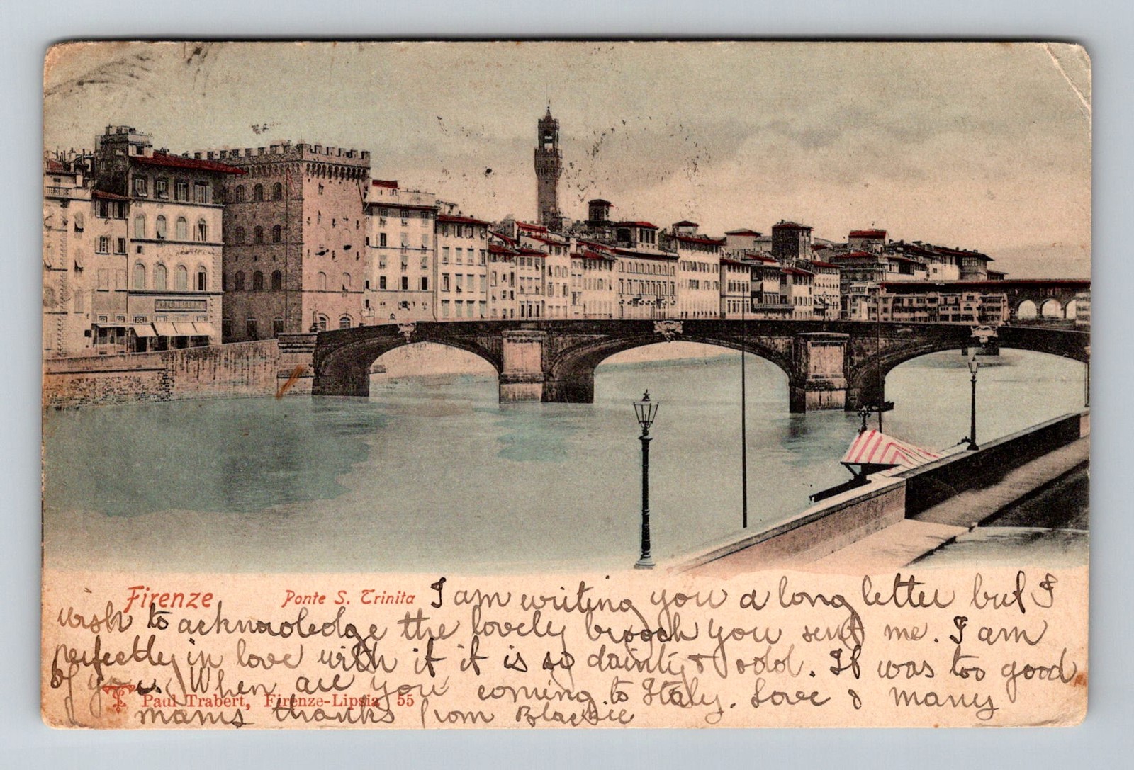 Italy- Florence Historic Arno River Trinita Bridge Old PC Vintage c1905 Postcard