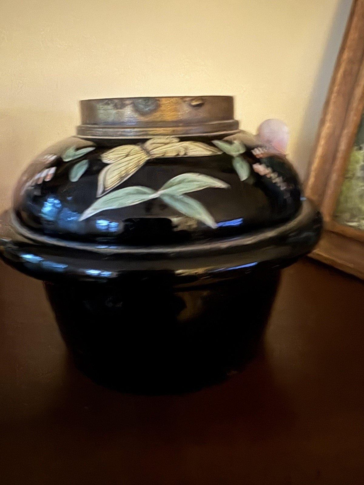 Antique Black Glass Oil Lamp Enameled Butterfly Brass Collar Silber Part Opaque