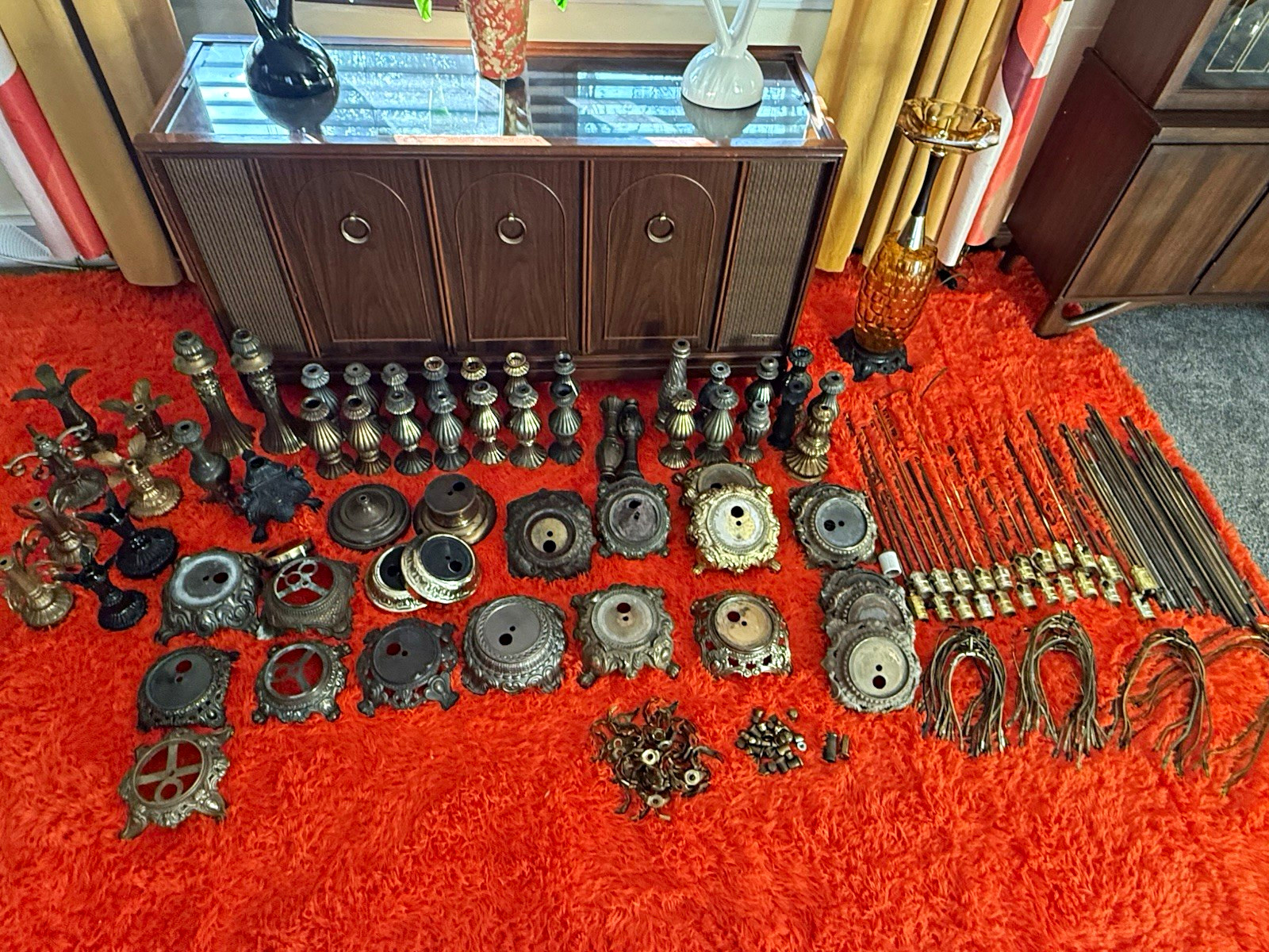 HUGE vintage brass/pot Metal Lamp Parts Bases Rods necks shade holders  EF&EF