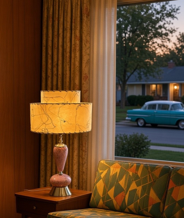 MCM Atomic Eames Era Pink Gold Ceramic Table Lamp w/2 Tier Fiberglass Shade 50\'s