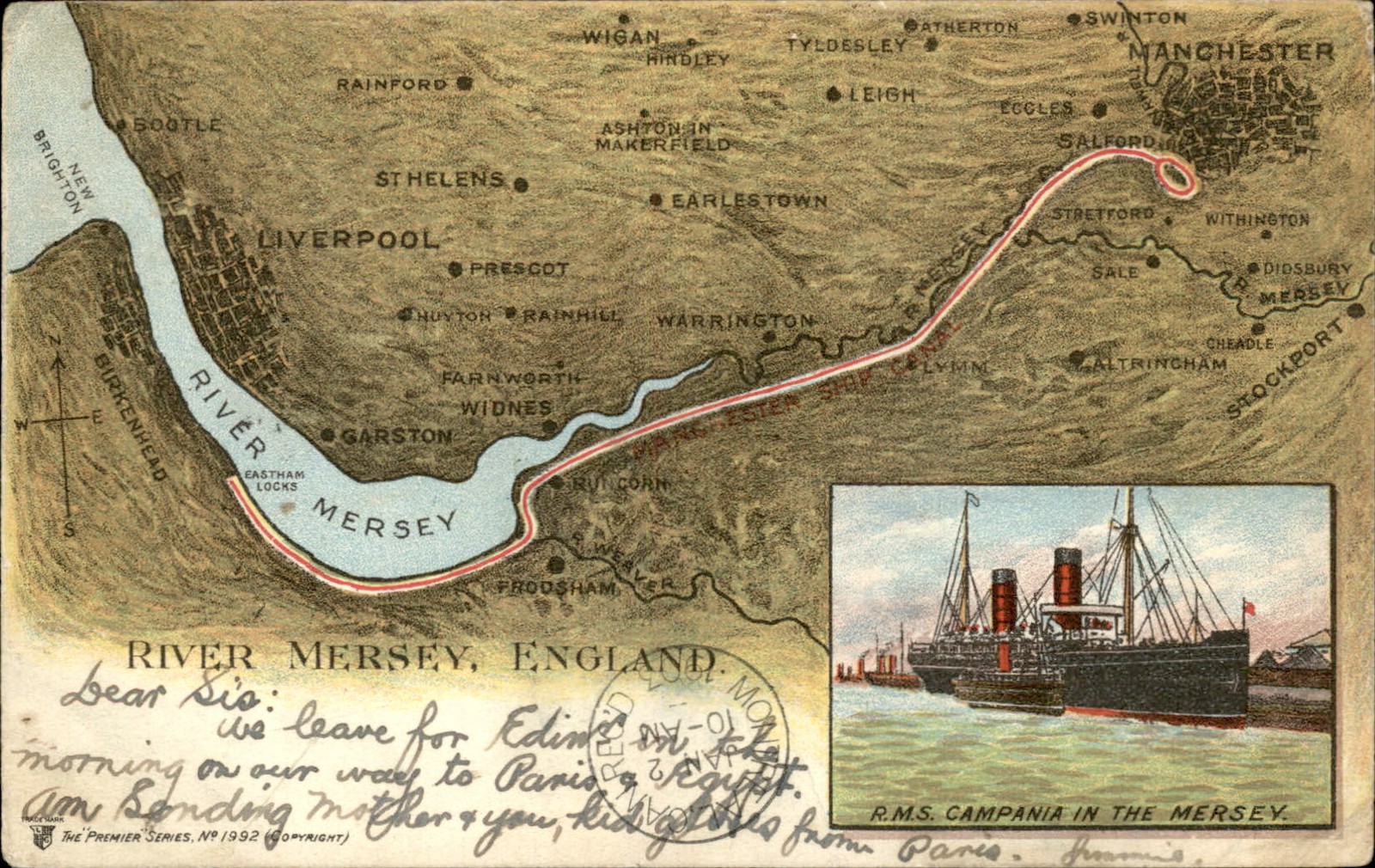 Liverpool England River Mersey Map c1900s-10s Vintage Postcard bhn