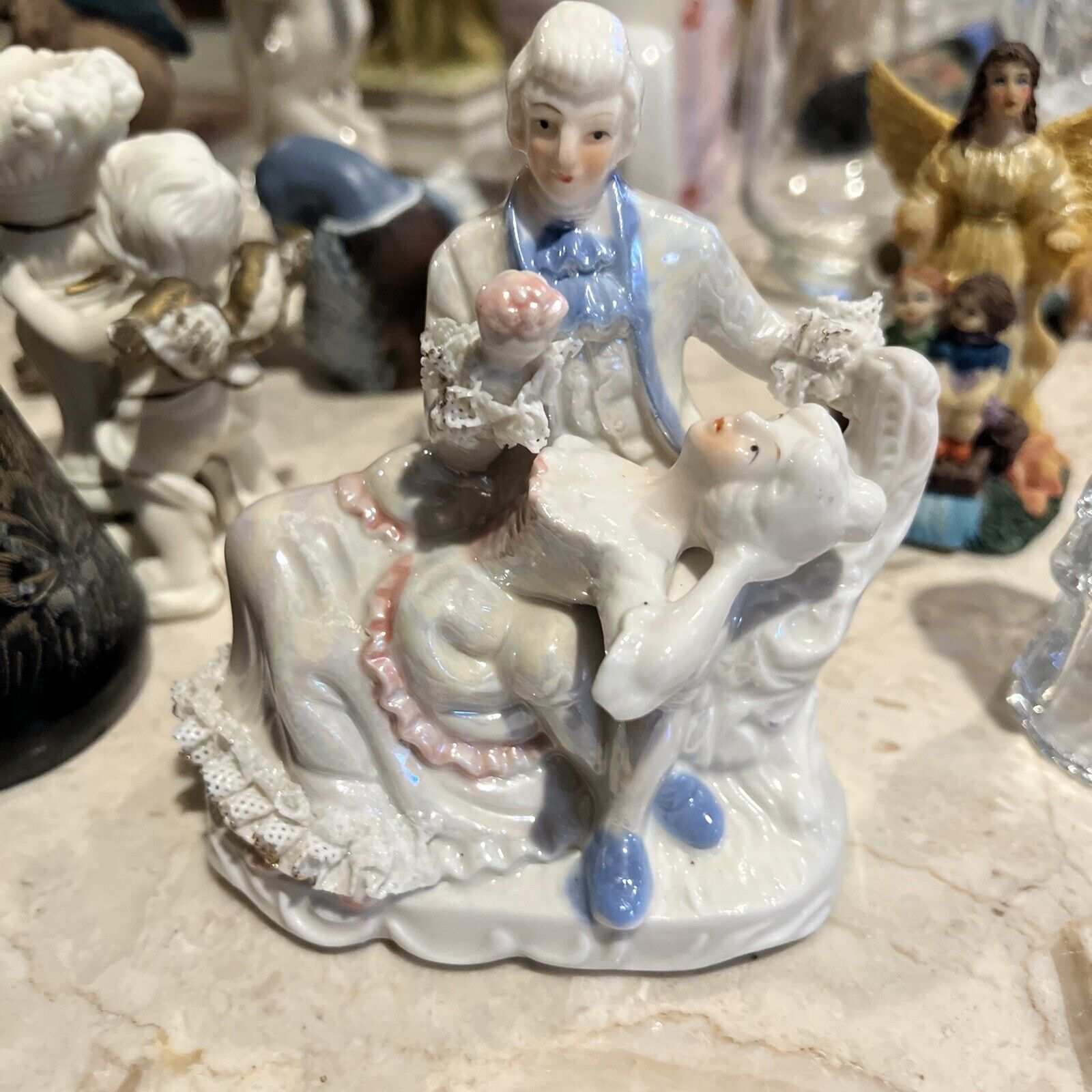 Vintage Porcelain Figurine Blue And White, Victorian Man And Women 5” Tall Luste