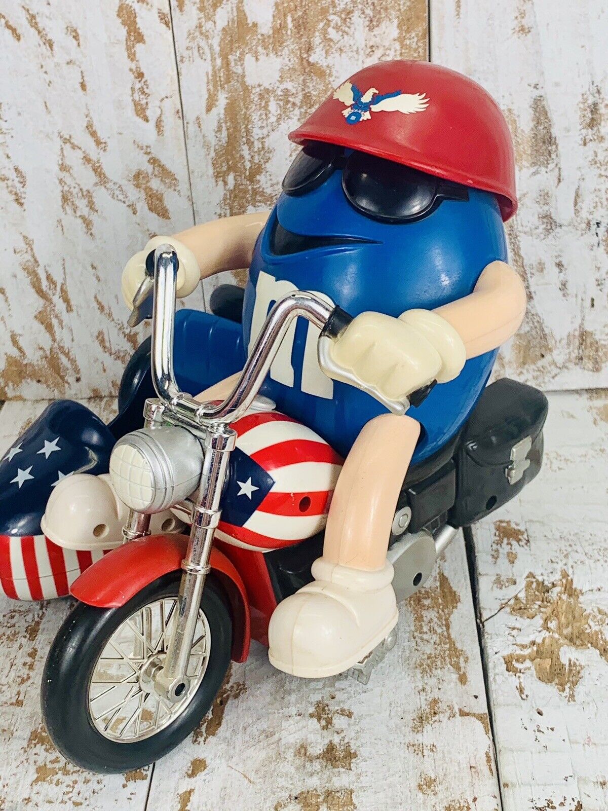 VTG USA July 4th M&M Patriotic Freedom Rider Motorcycle Candy Dispenser Flag 