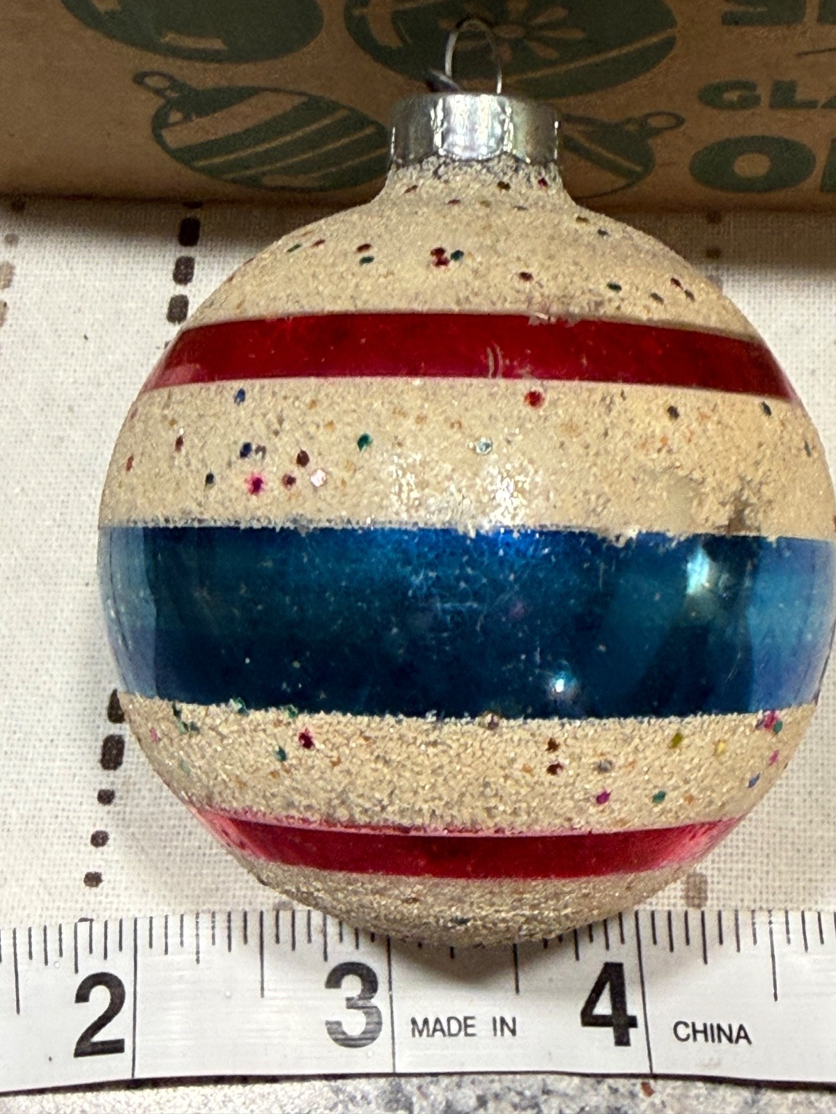 Vtg 1950s George Franke Confetti Glitter Mica Christmas Ornament Red/White/Blue