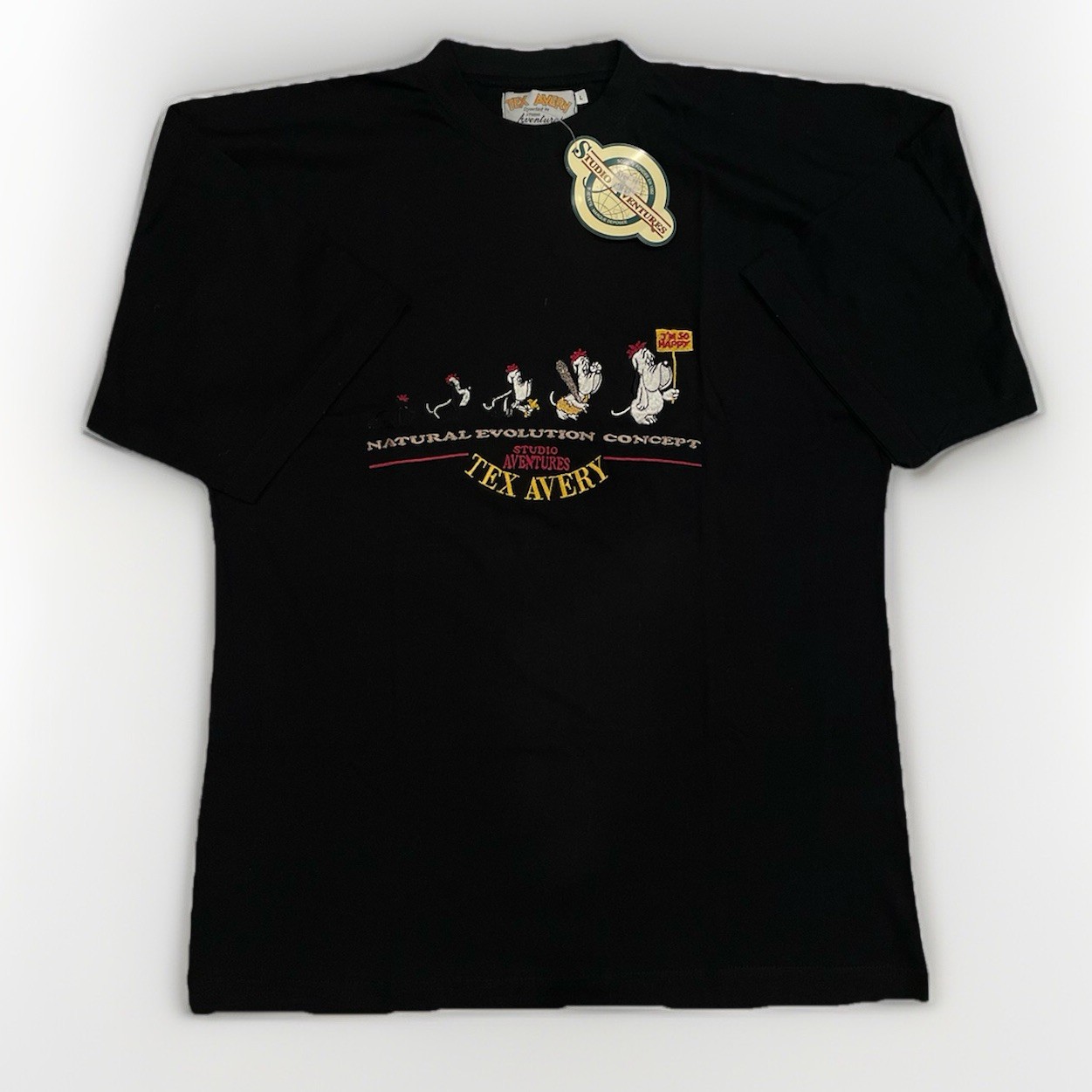 RARE Vintage 1993 Tex Avery Droopy Natural Evolution Concept Shirt Black Size L RARE Vintage 1993 Tex Avery Droopy Natural Evolution Concept Shirt Black Size L